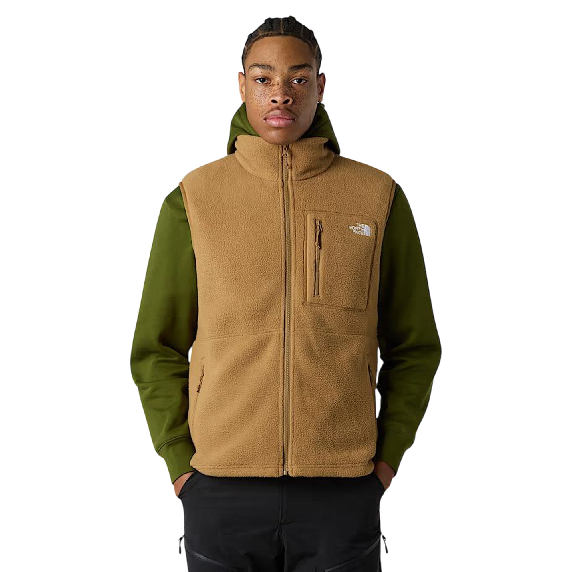 Gilet Uomo Yumiori in pile Marrone modello frontale