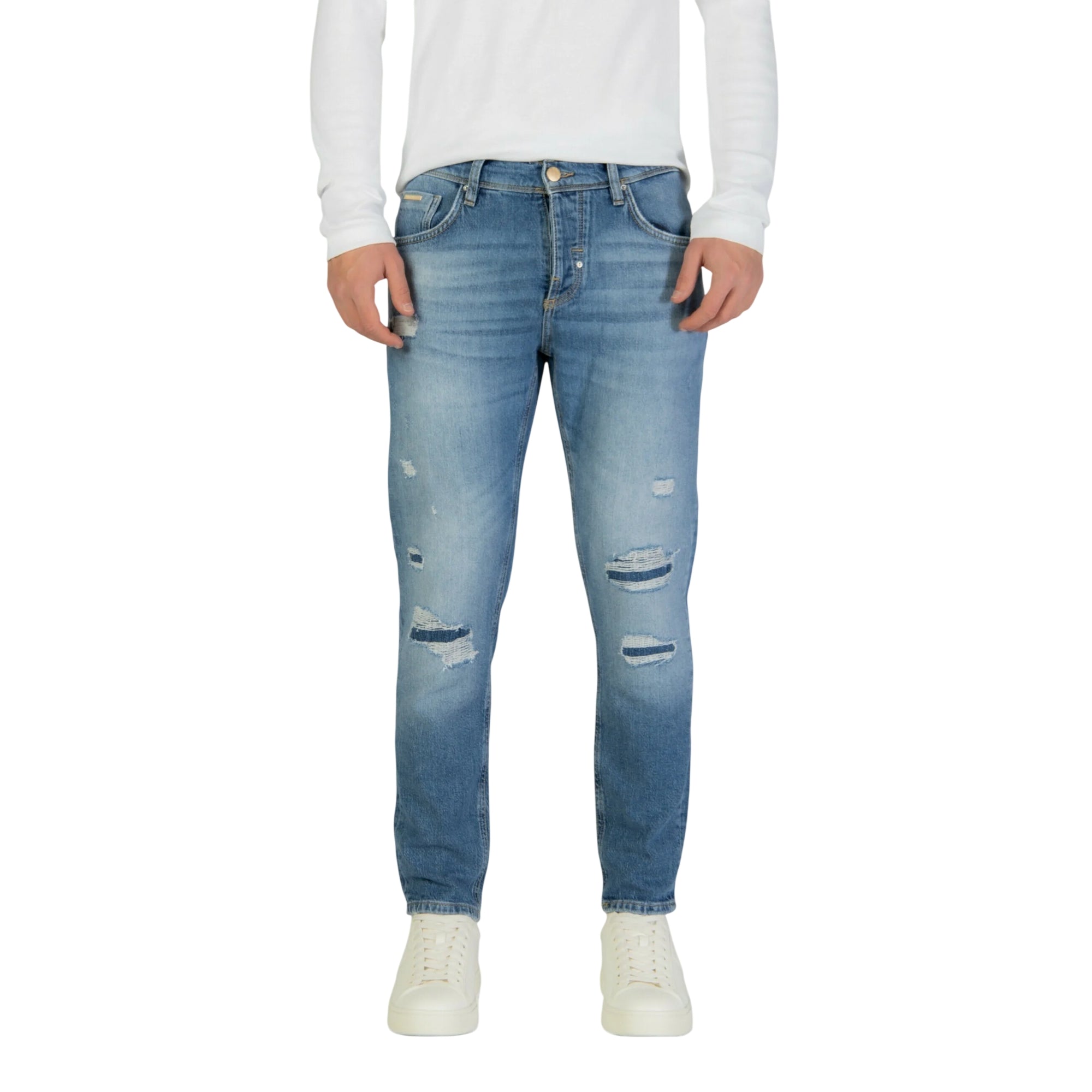 Jeans Uomo in denim di cotone, design cinque tasche, con strappi