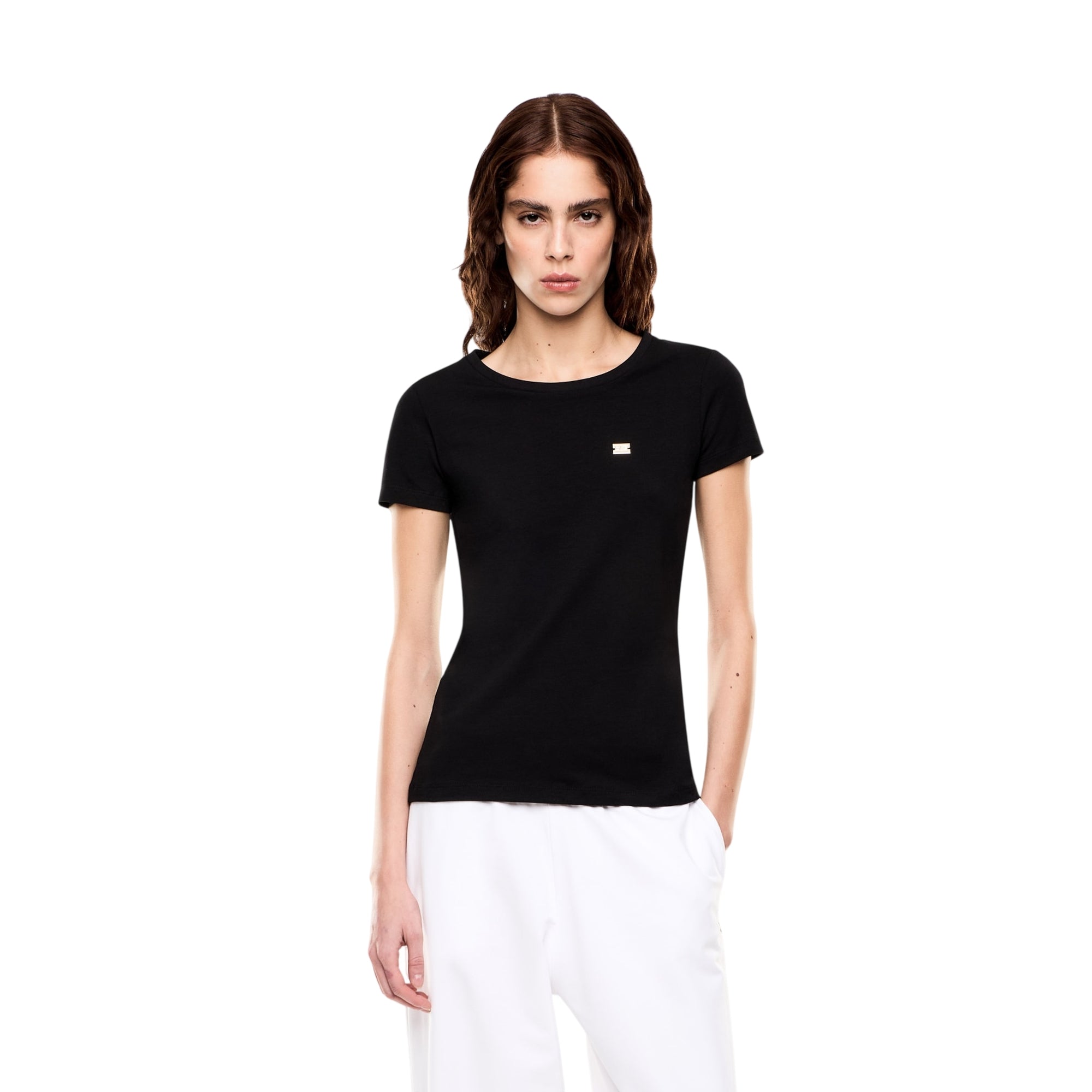 T-shirt Donna in cotone elasticizzato, con logo applicato