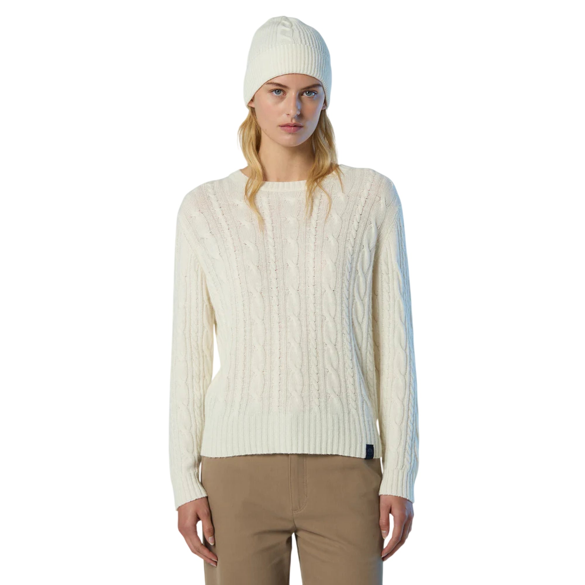 Maglione girocollo Donna a trecce Bianco modella frontale