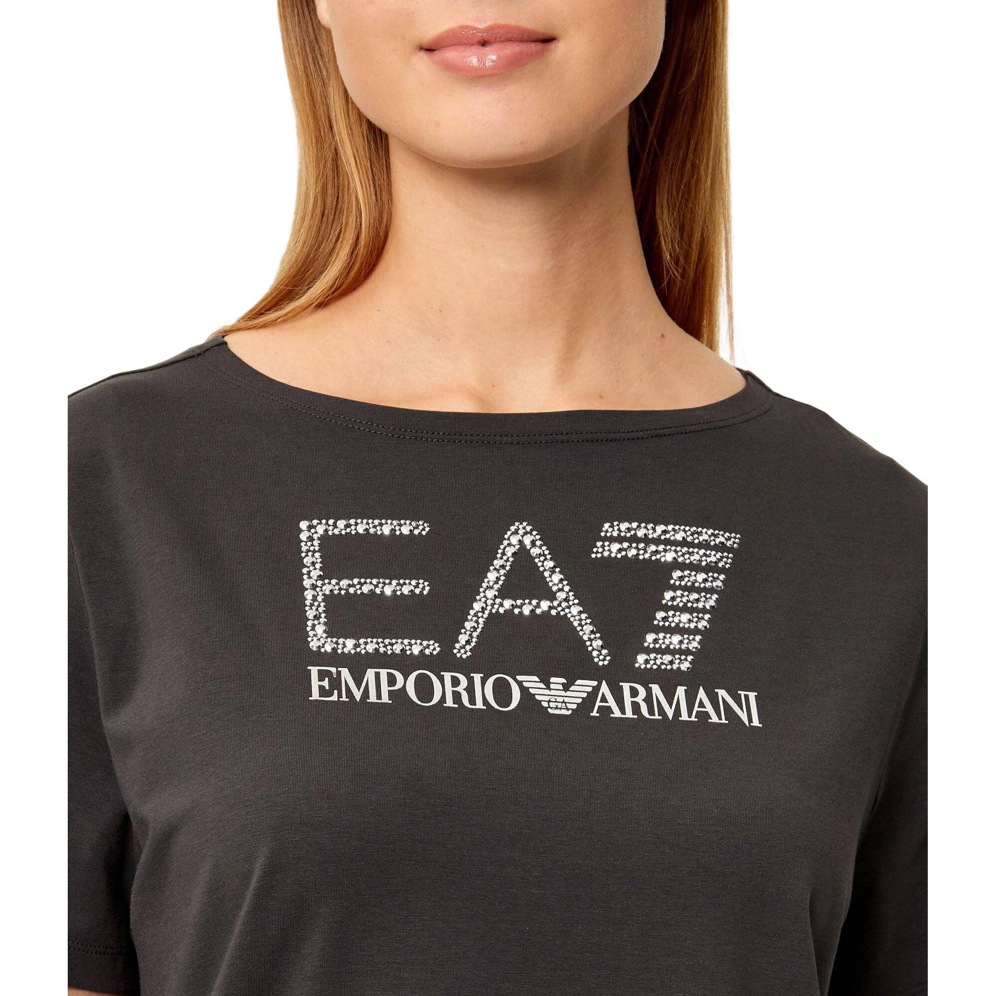 T-shirt Donna Grigia in cotone, con logo strass e girocollo