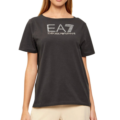 T-shirt Donna Grigia in cotone, con logo strass e girocollo