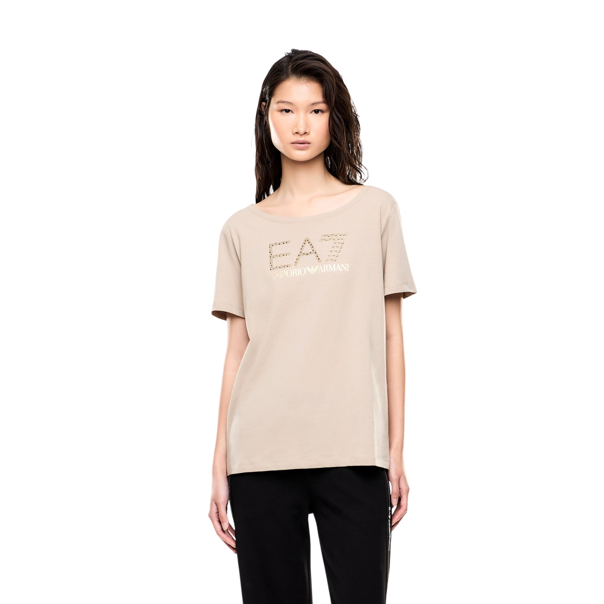 T-shirt Donna in cotone, con logo strass frontale e girocollo