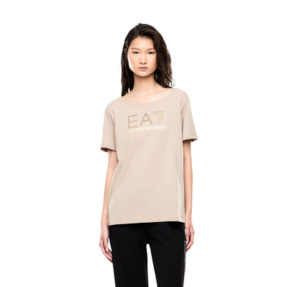 T-shirt Donna in cotone, con logo strass frontale e girocollo