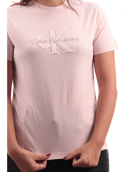 Calvin Klein T-shirt Monogramma Chenille Rosa Cotone XS