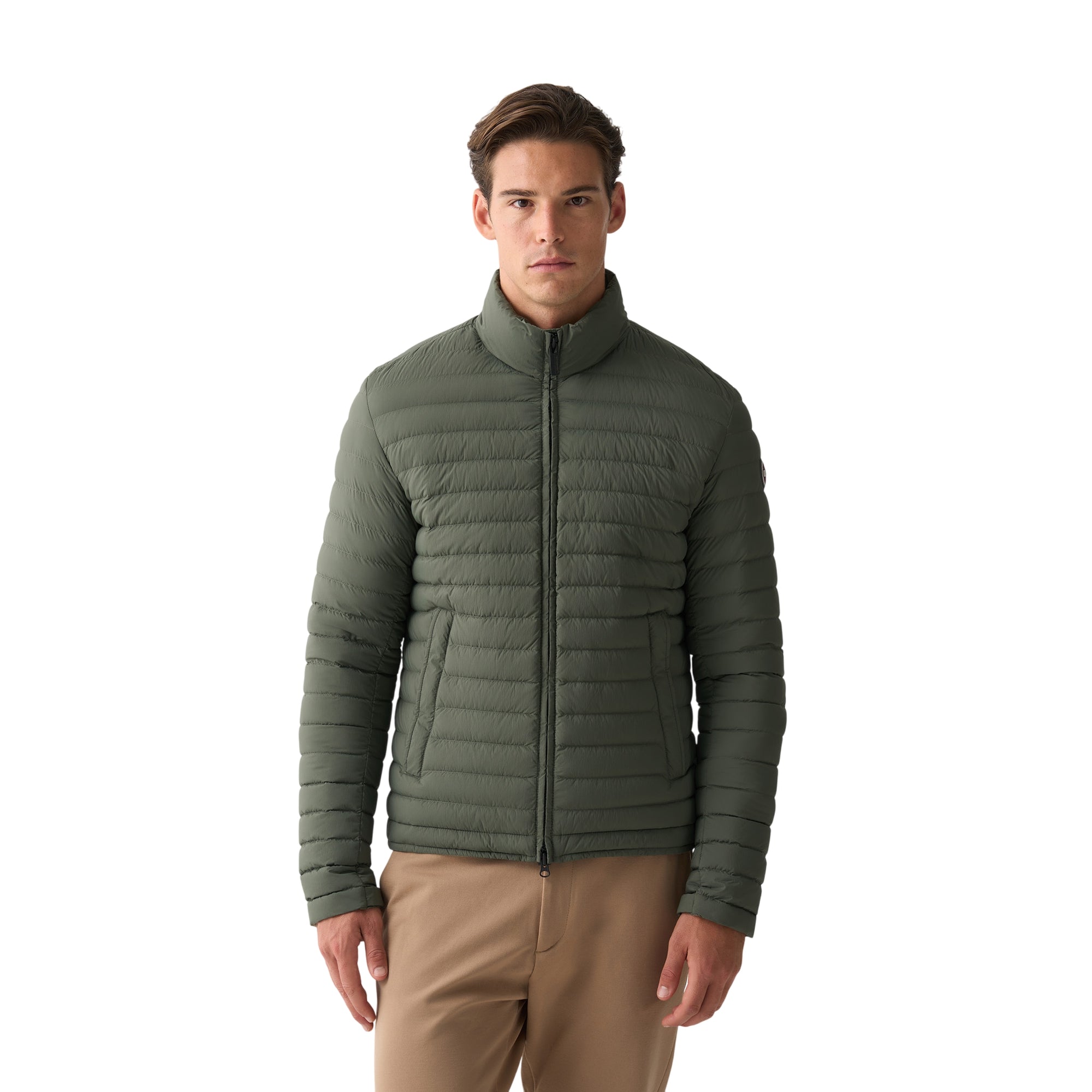 Piumino Uomo leggero Verde, con collo alto ed impunture a righe orizzontali