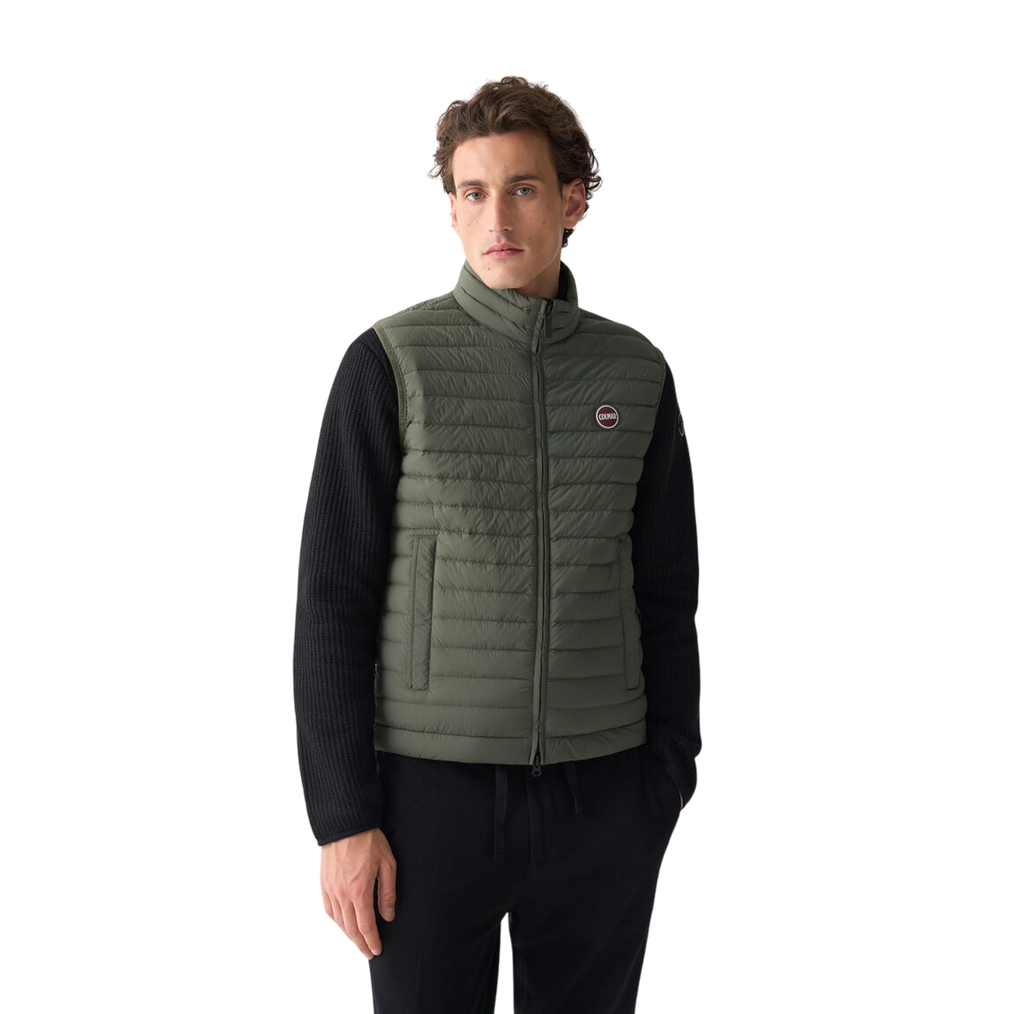 Gilet Uomo Verde, con impunture a righe orizzontali e logo iconico applicato sul petto