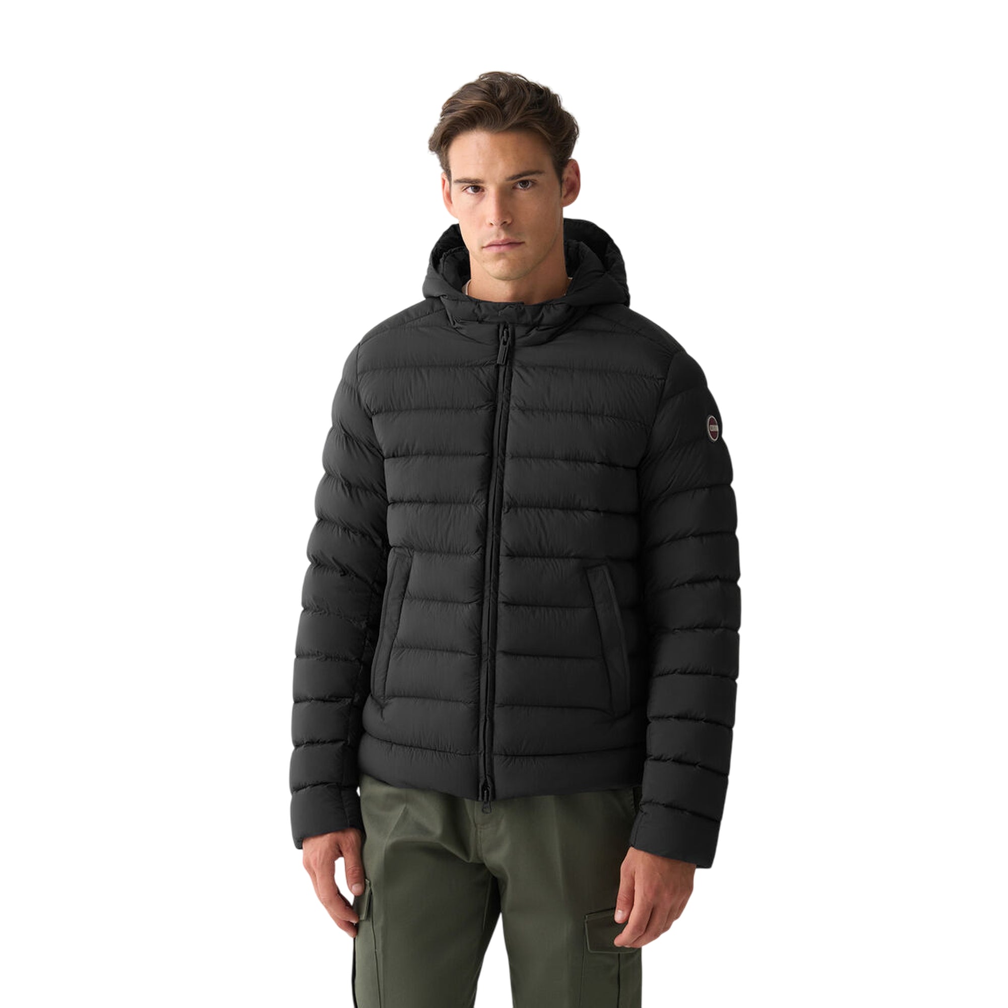Piumino Uomo Nero, con impunture orizzontali e cappuccio fisso