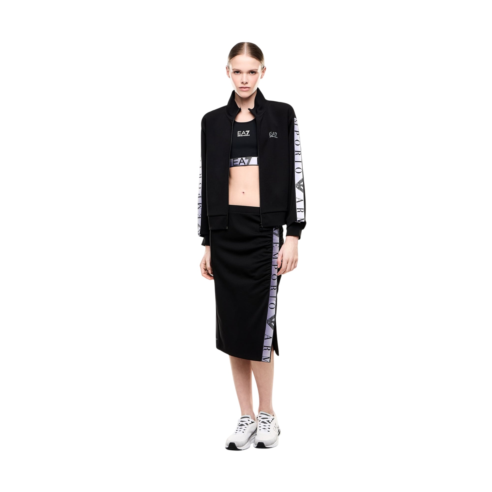 Felpa Donna Nera, con collo alto e tape logo sulle maniche
