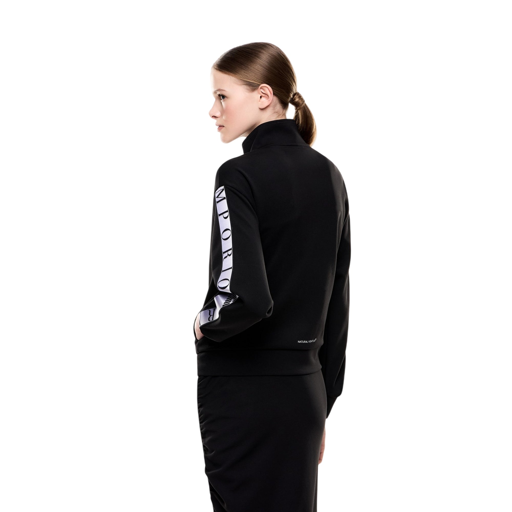 Felpa Donna Nera, con collo alto e tape logo sulle maniche