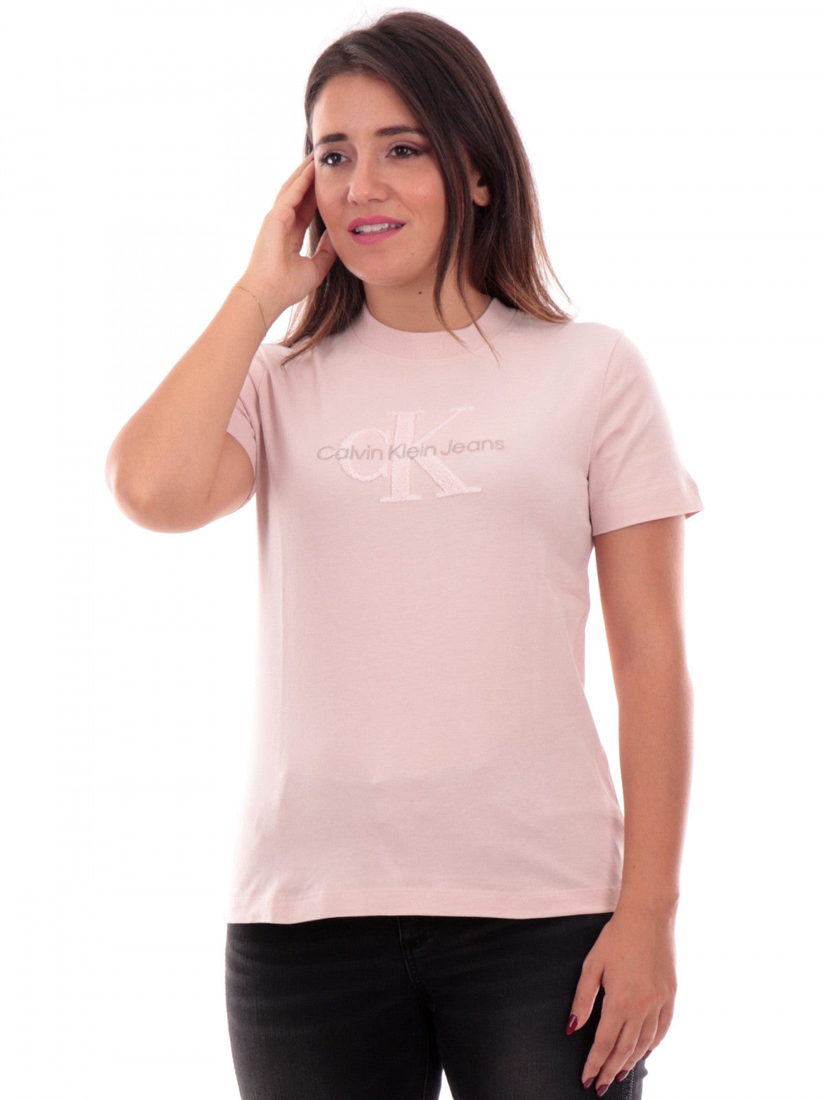 Calvin Klein T-shirt Monogramma Chenille Rosa Cotone XS