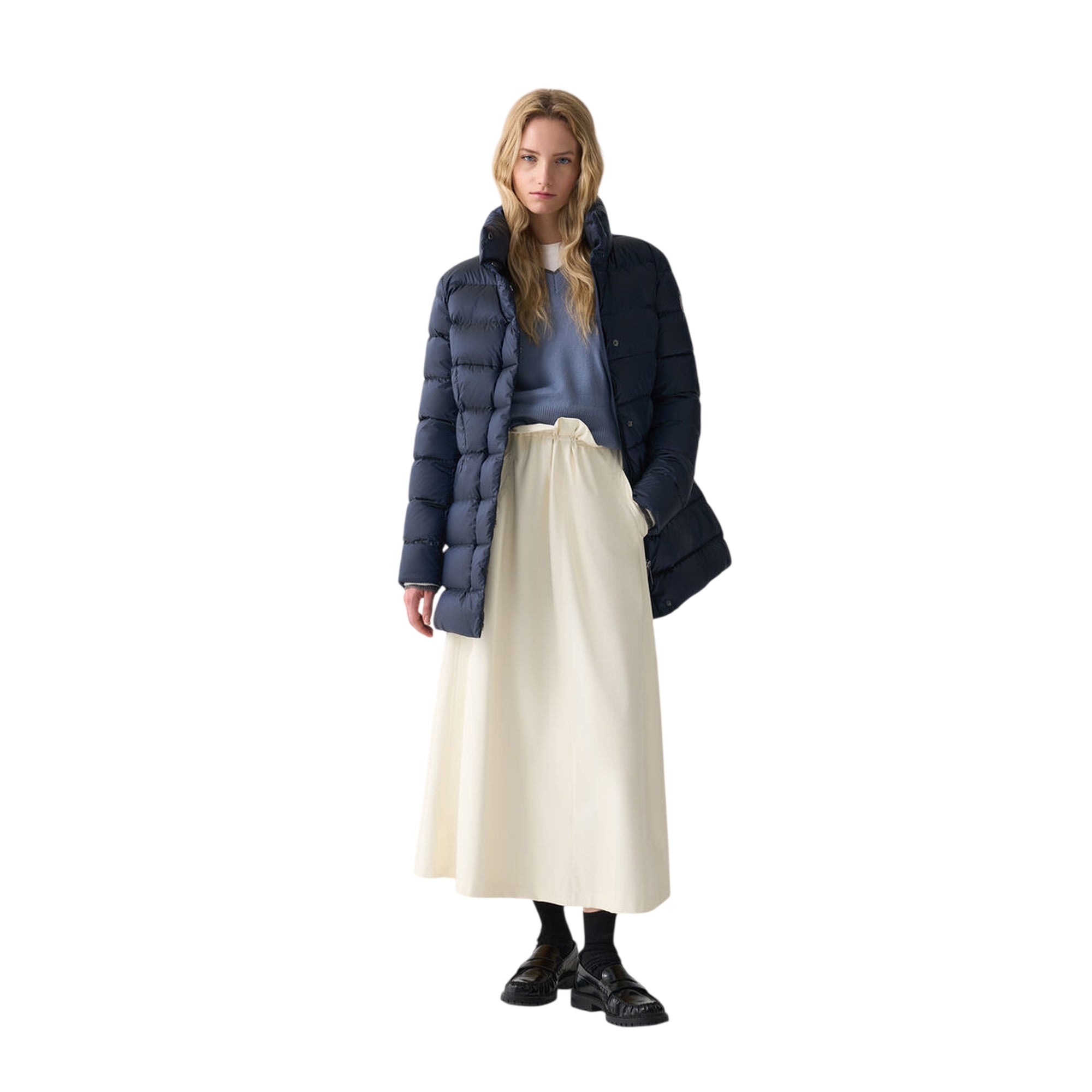 Piumino Donna Blu, con collo alto ed iconica patch logo gommata sulla manica