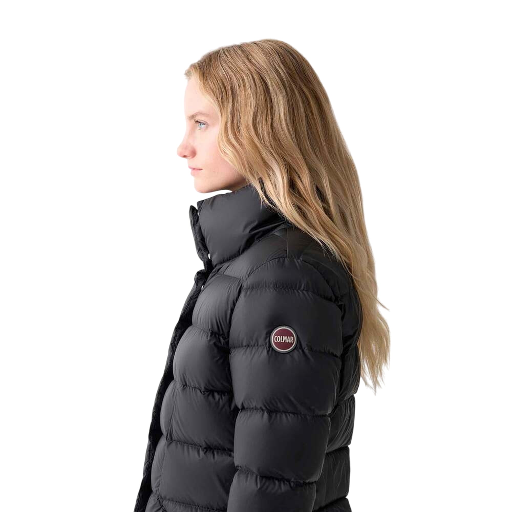 Piumino Donna Nero, con logo applicato sulla manica e chiusura frontale nascosta