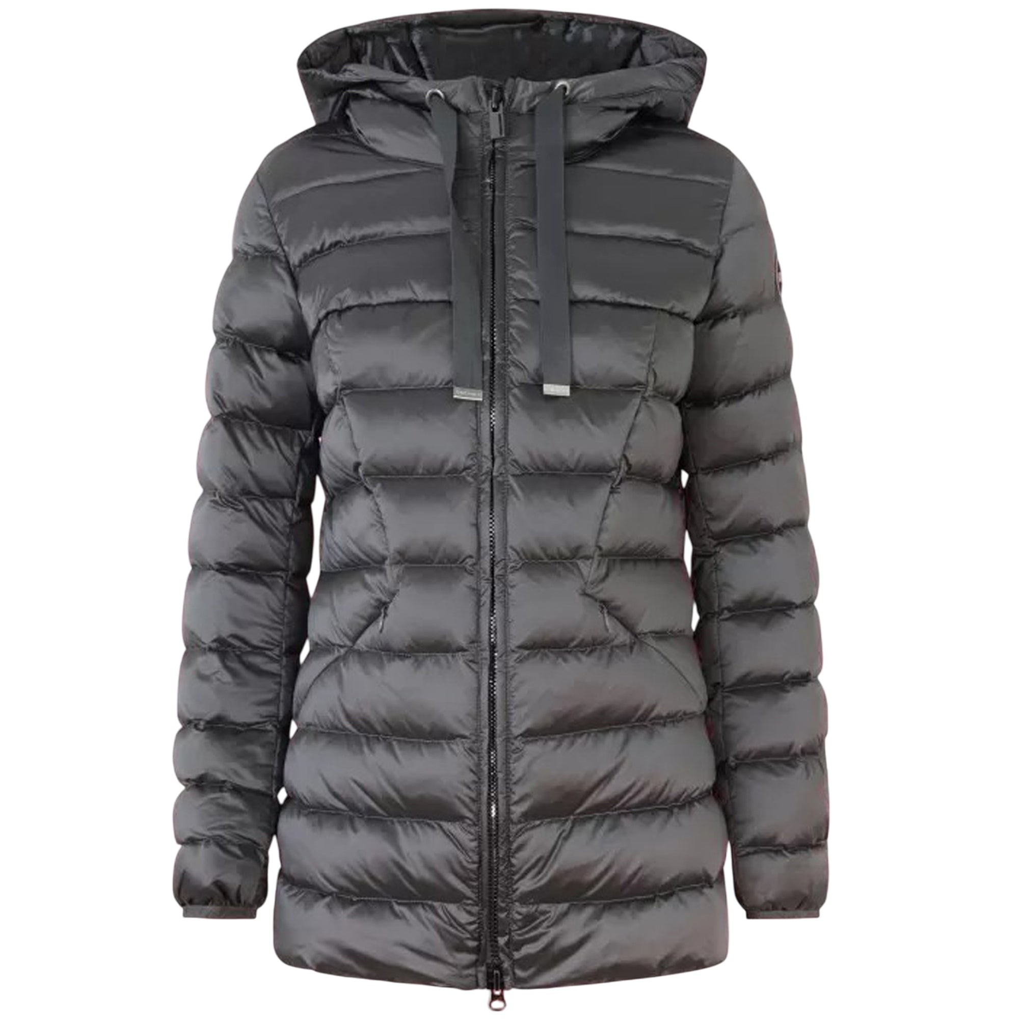 Piumino Donna lungo Grigio, sciancrato, con cappuccio dotato di coulisse 