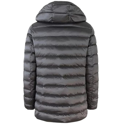 Piumino Donna lungo Grigio, sciancrato, con cappuccio dotato di coulisse 