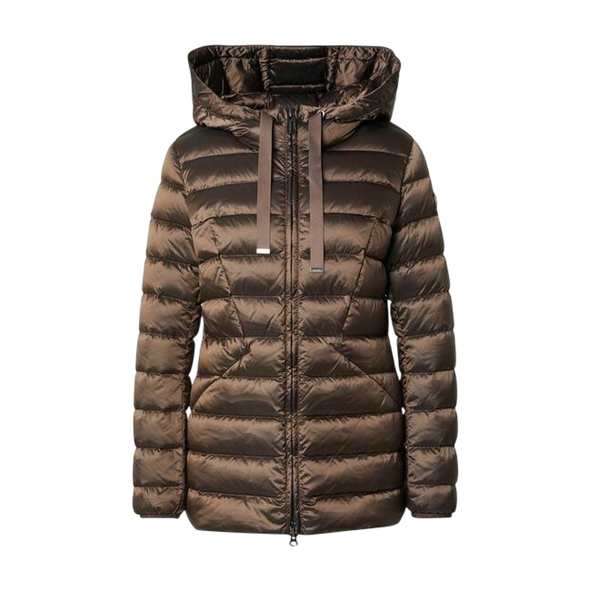 Piumino Donna Marrone, con impunture a righe e cappuccio dotato di coulisse