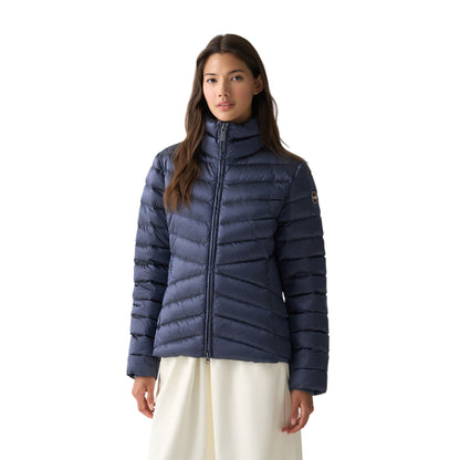 Piumino Donna corto Blu, a collo alto, con imbottitura in piumino d'anatra 