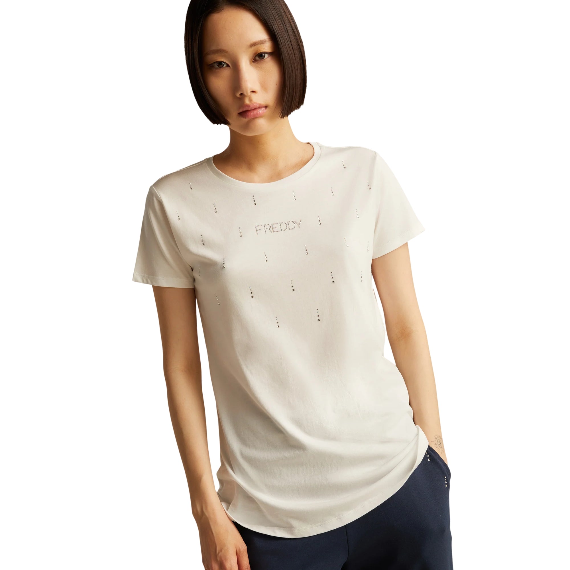 T-Shirt in jersey modal con Strass e Taglio Arrotondato