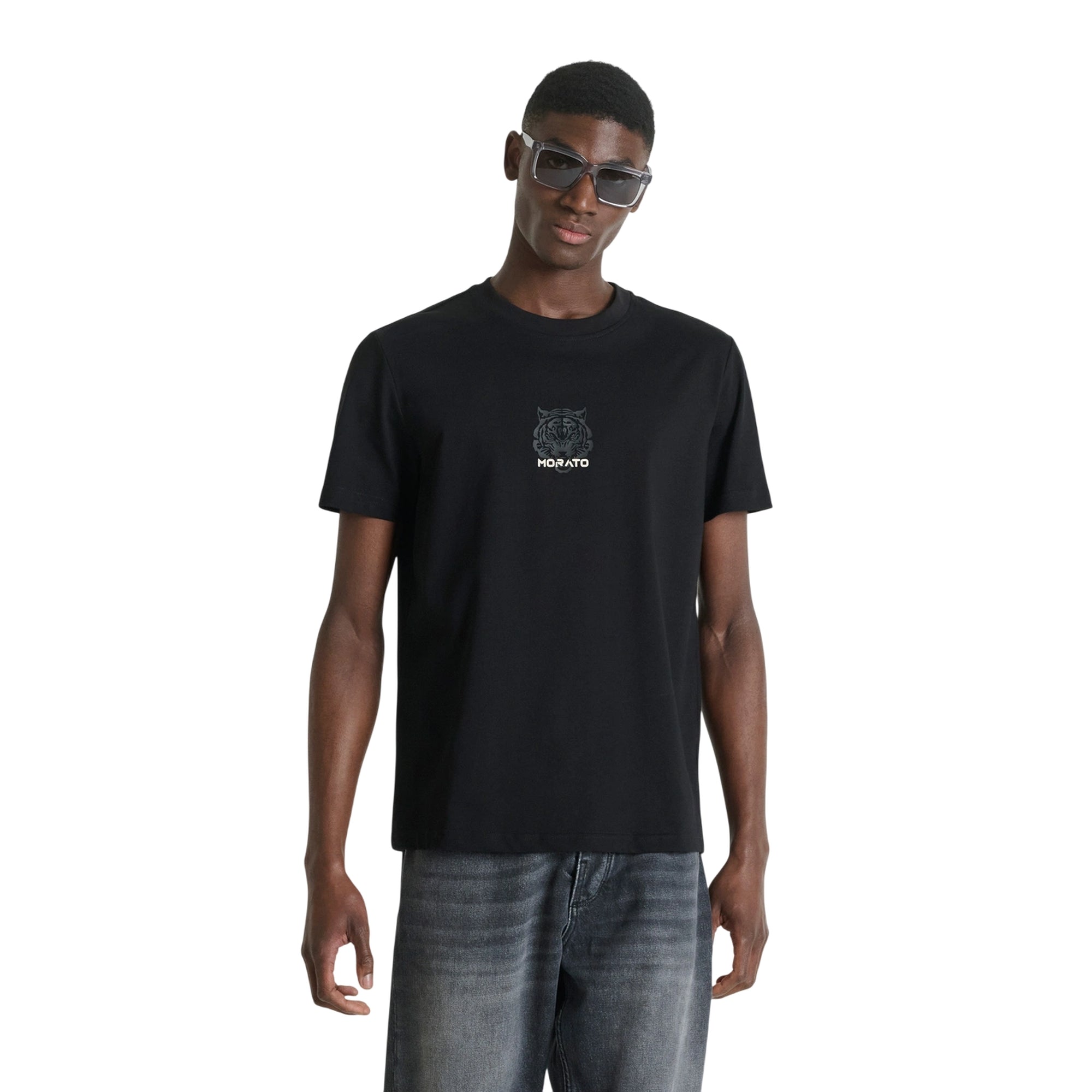 T-shirt Uomo Nera in puro cotone, con stampa tigre frontale
