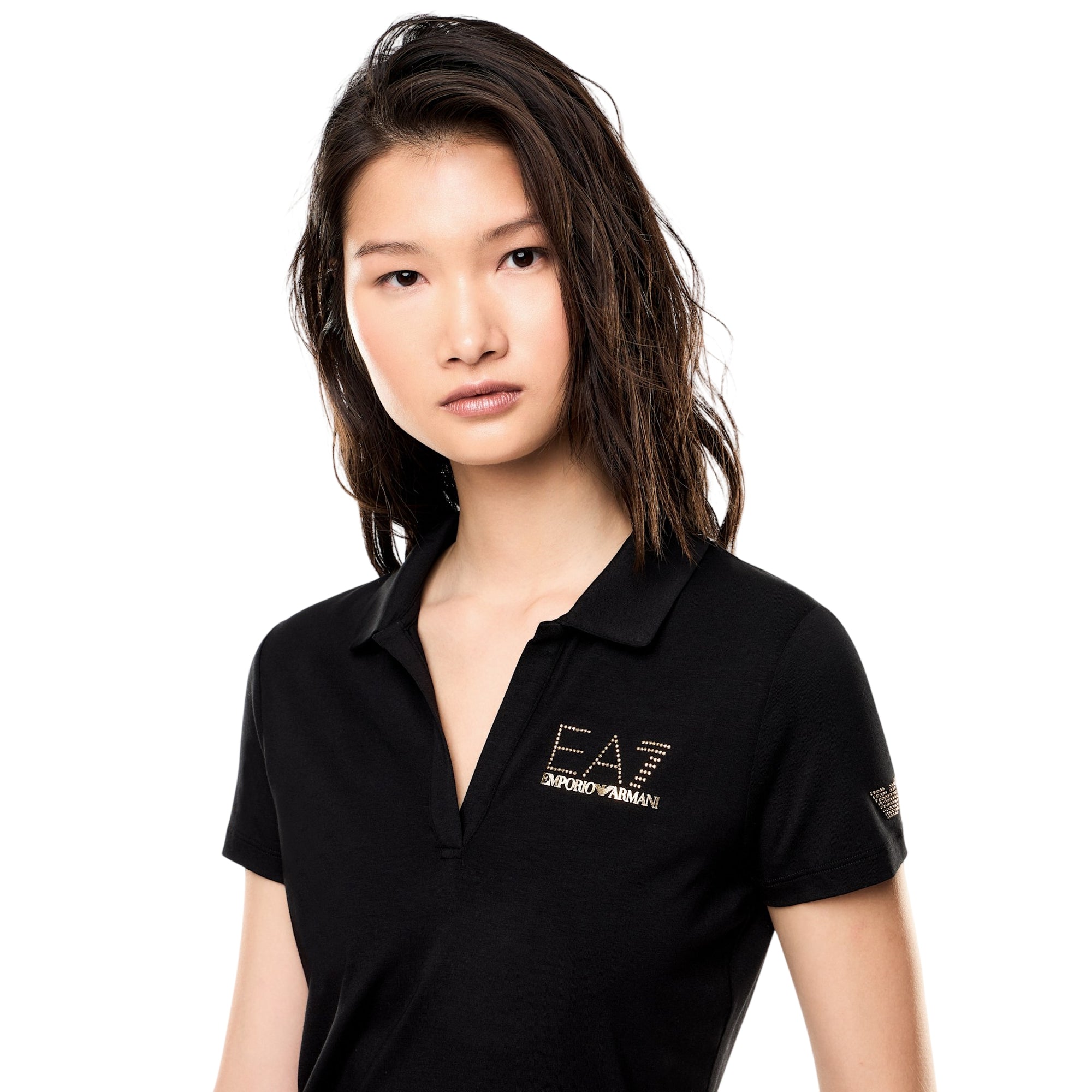 Polo Donna con scollo a V e logo borchie