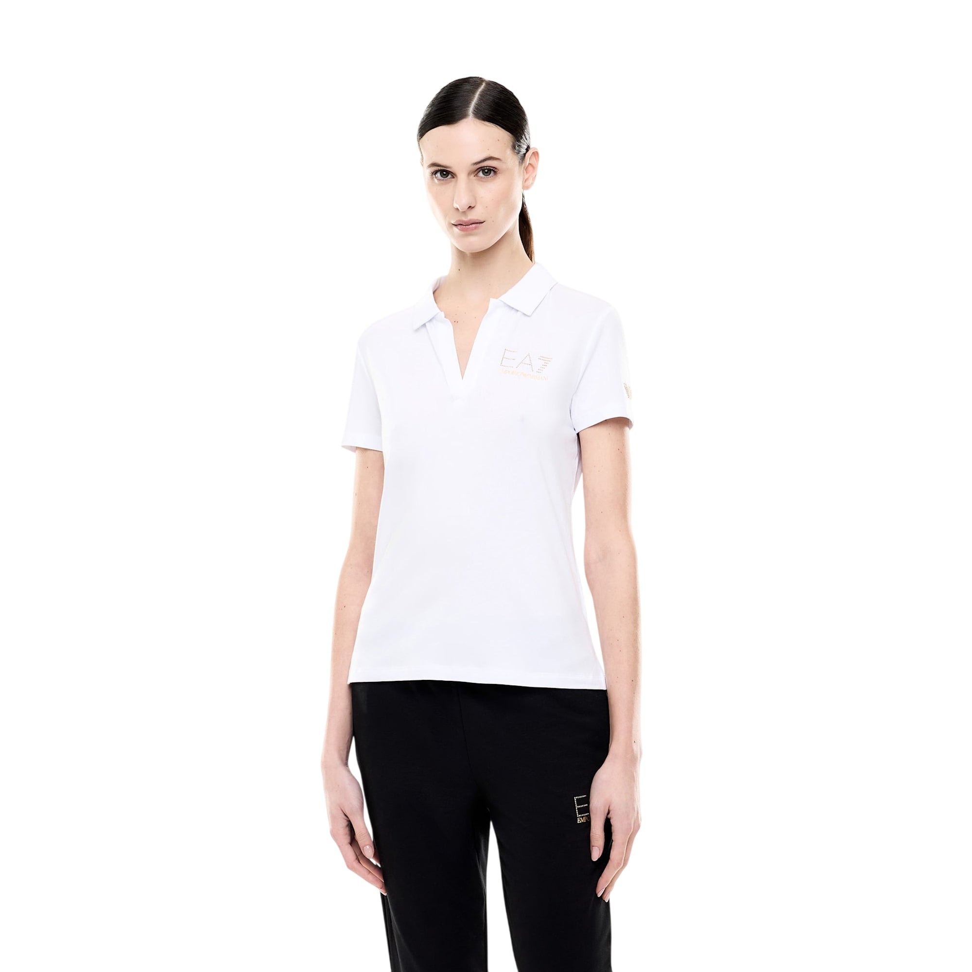 Polo Donna aderente, con scollo a V e logo borchie