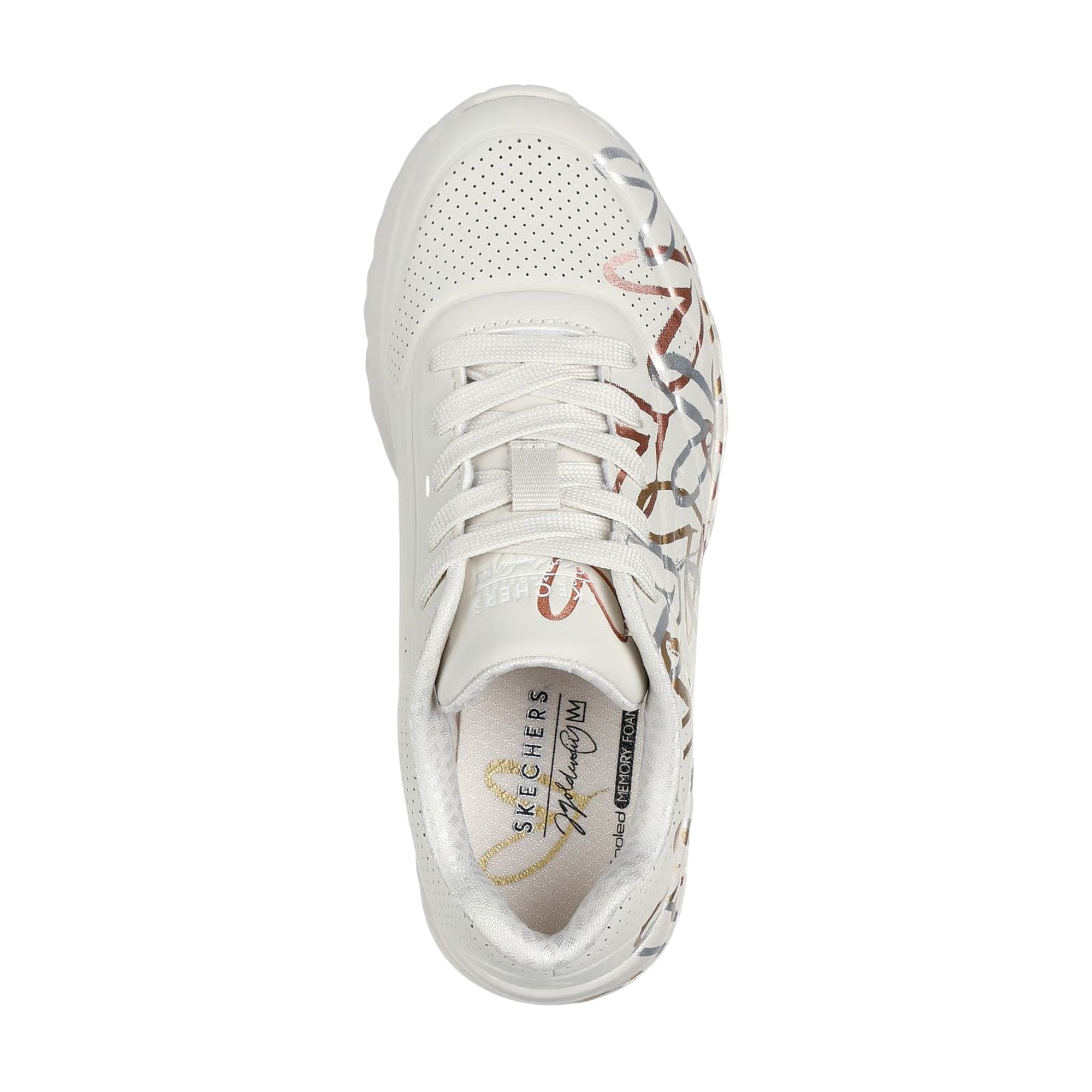 Sneakers Donna Bianca UNO Lite - Metallic Love, con fantasia a cuori Oro, Argento e Bronzo 