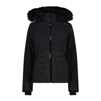 Giacca da sci nera Donna con cappuccio con ecopelliccia