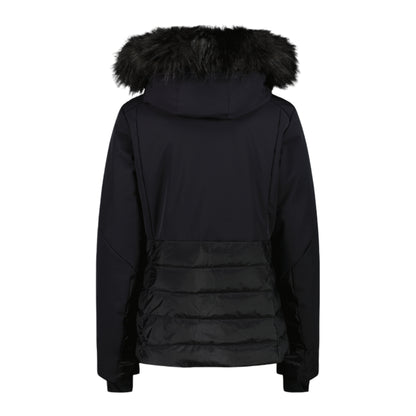 Giacca da sci nera Donna con cappuccio con ecopelliccia retro