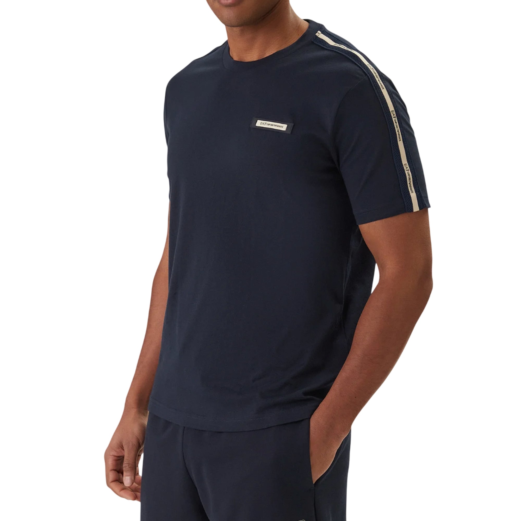T-shirt Uomo sportiva Blu, girocollo, con logo tape