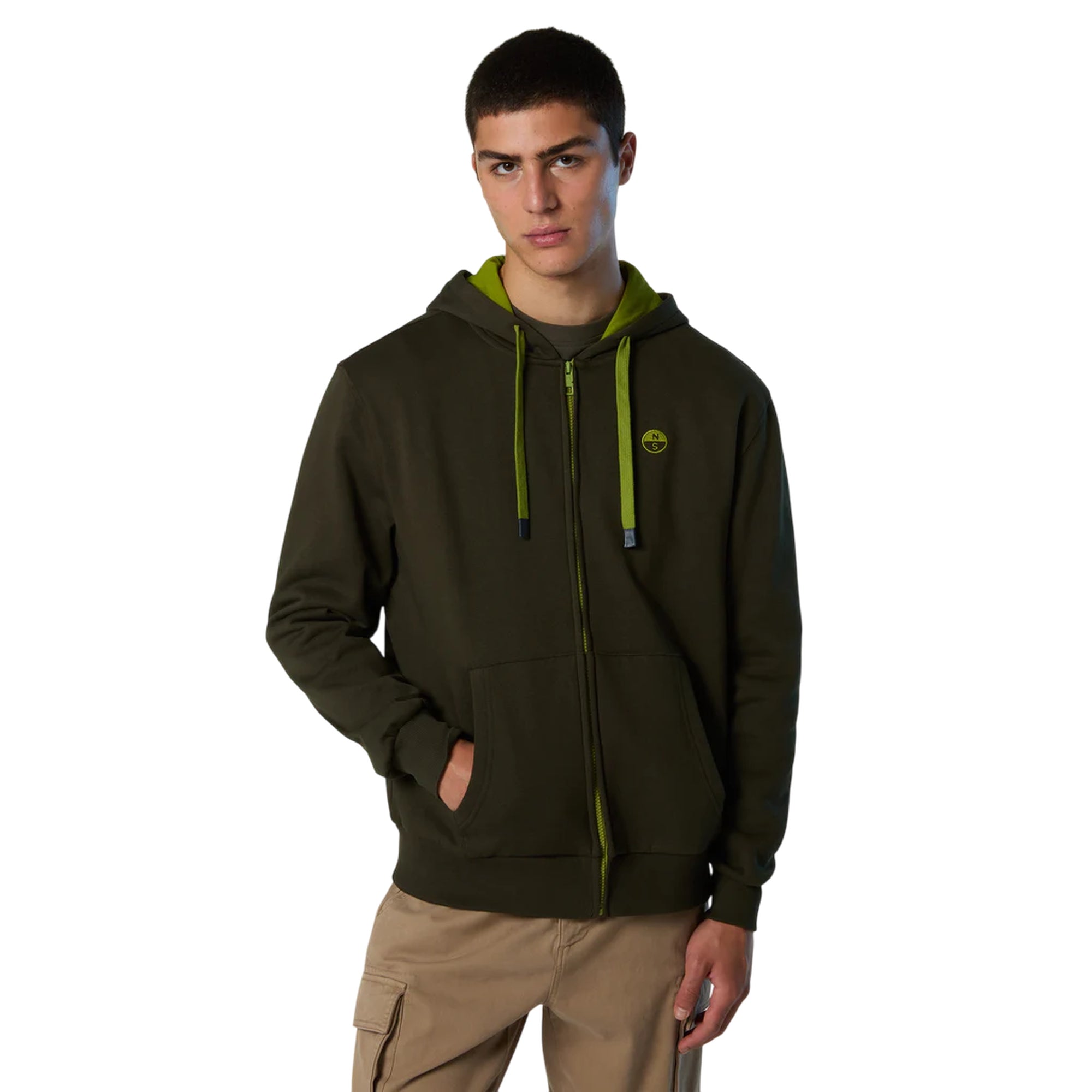 Felpa Uomo con cappuccio e logo ricamato Verde scuro modello frontale