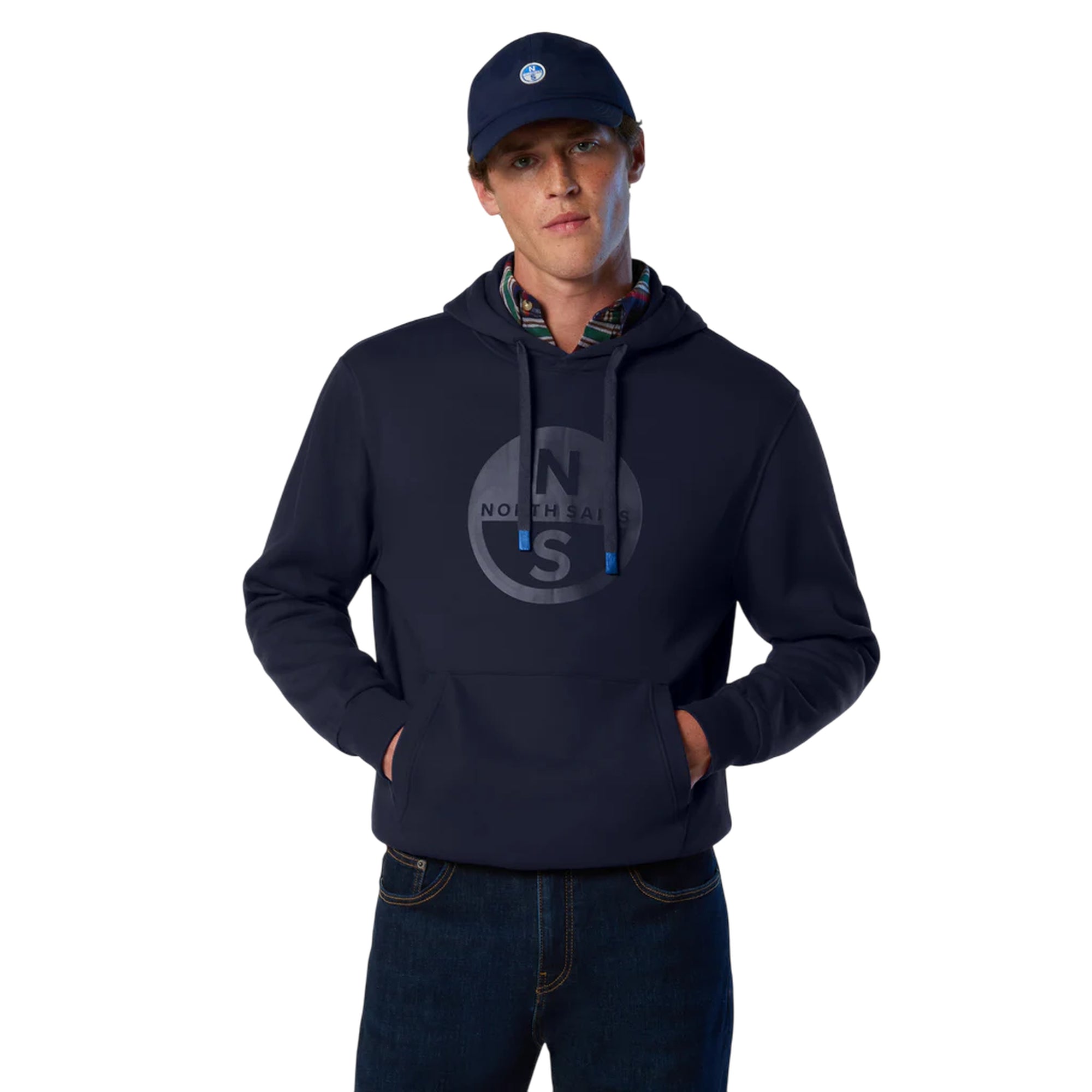 Felpa Uomo Navy con cappuccio e maxi logo modello frontale