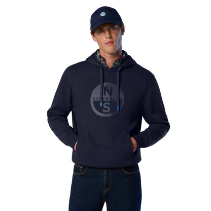 Felpa Uomo Navy con cappuccio e maxi logo modello frontale
