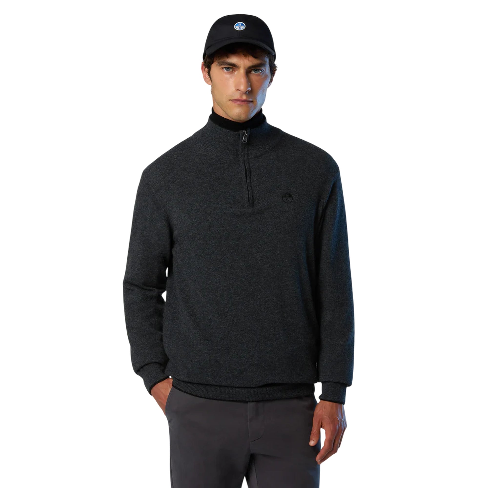 Maglione Uomo con zip 1/4 Grigio scuro modello frontale