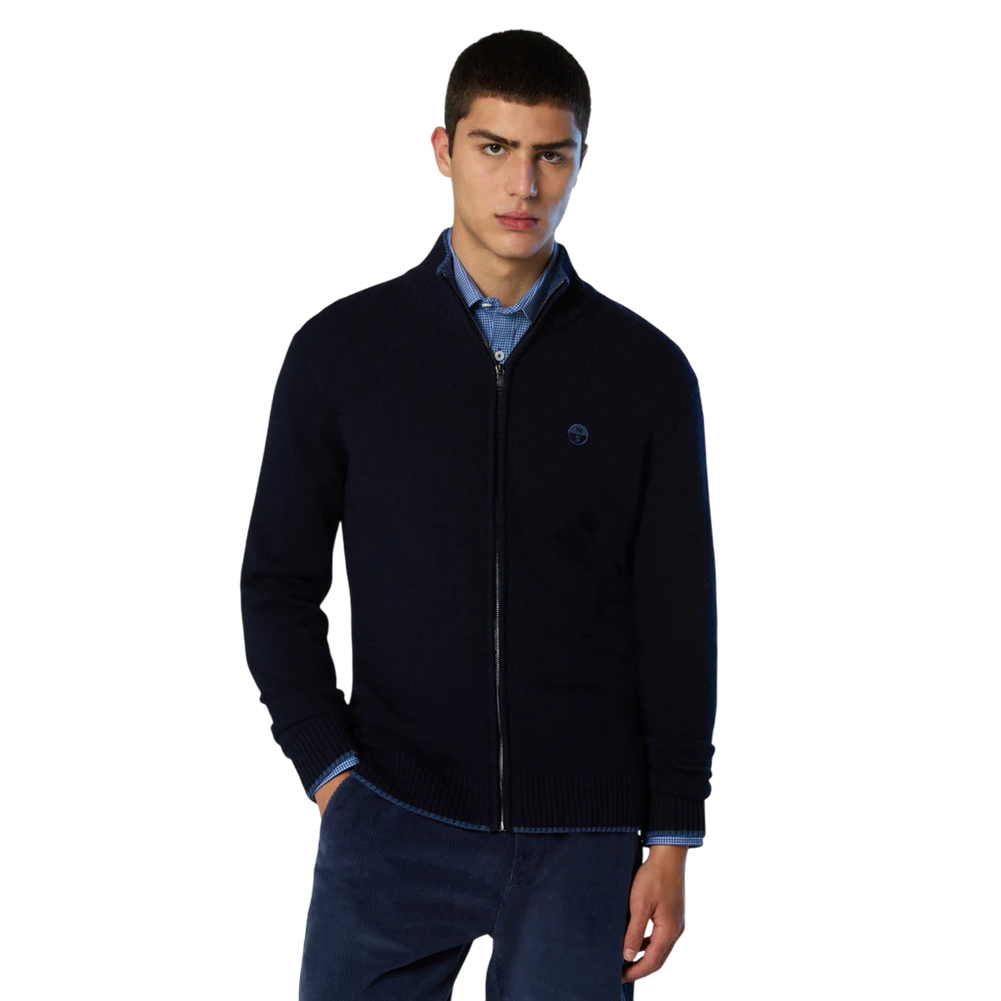 Cardigan Uomo in misto cashmere con zip Navy modello frontale