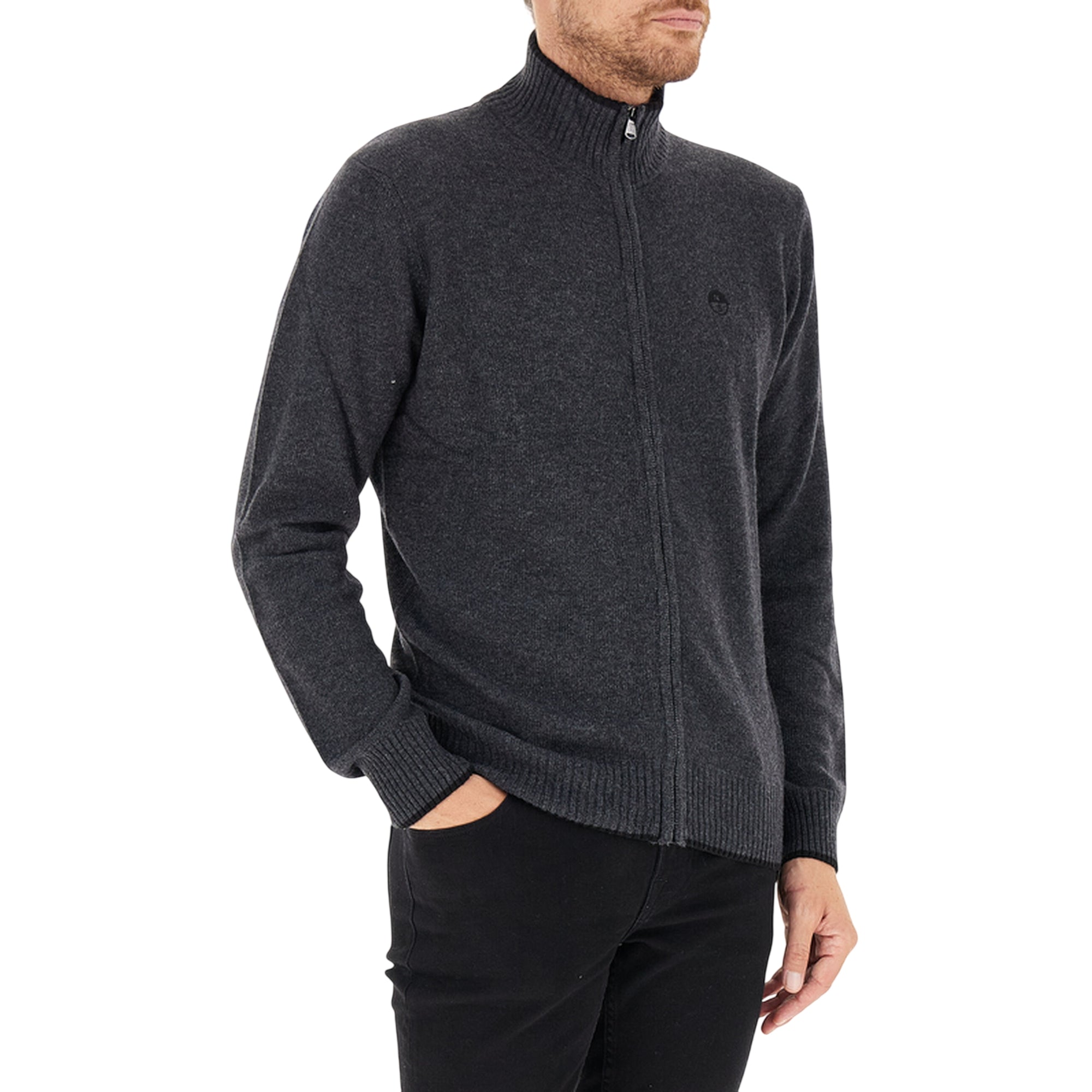 Cardigan Uomo full zip Antracite, con logo ricamato sul petto e collo alto 