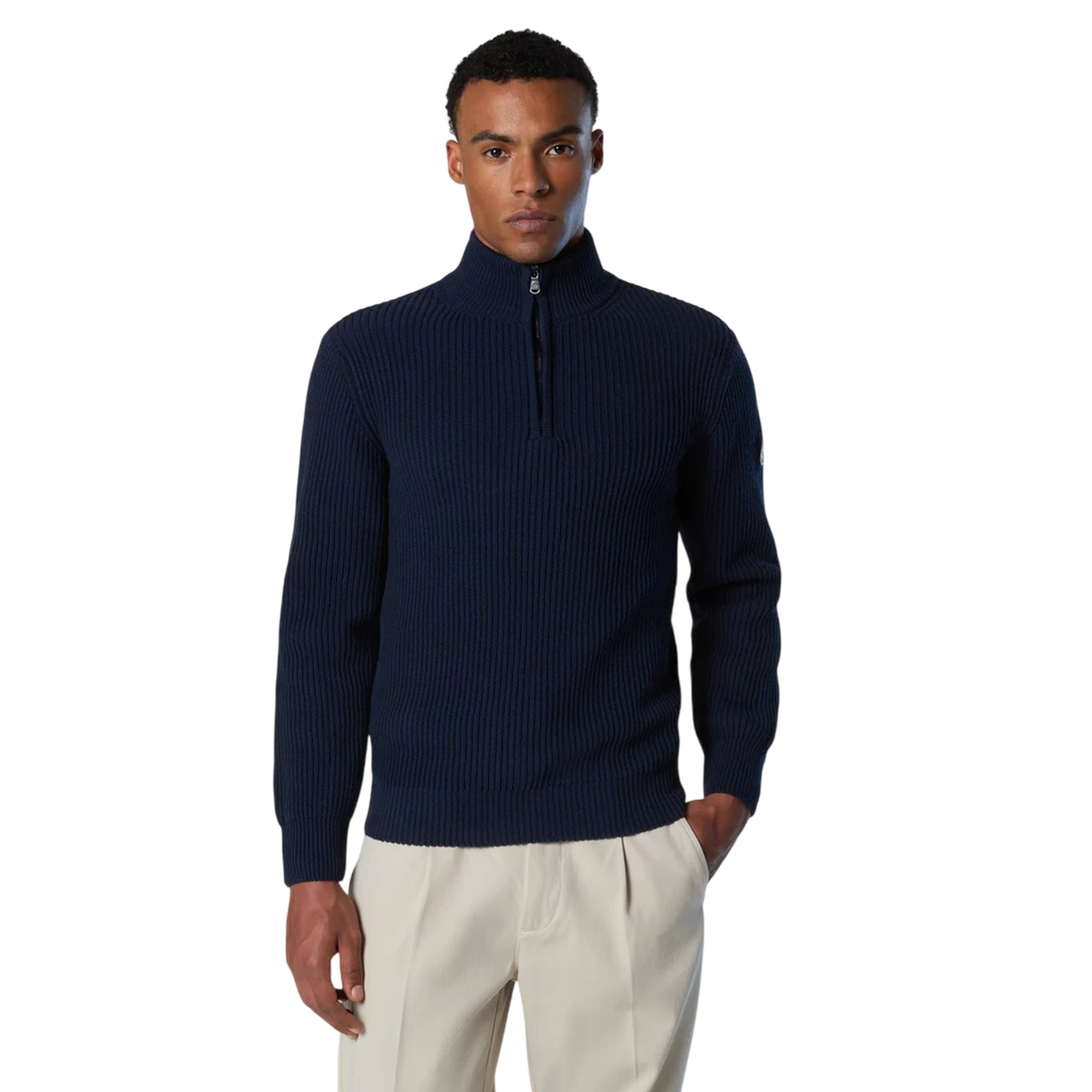 Maglione Uomo a coste inglesi con zip 1/4 Navy modello frontale