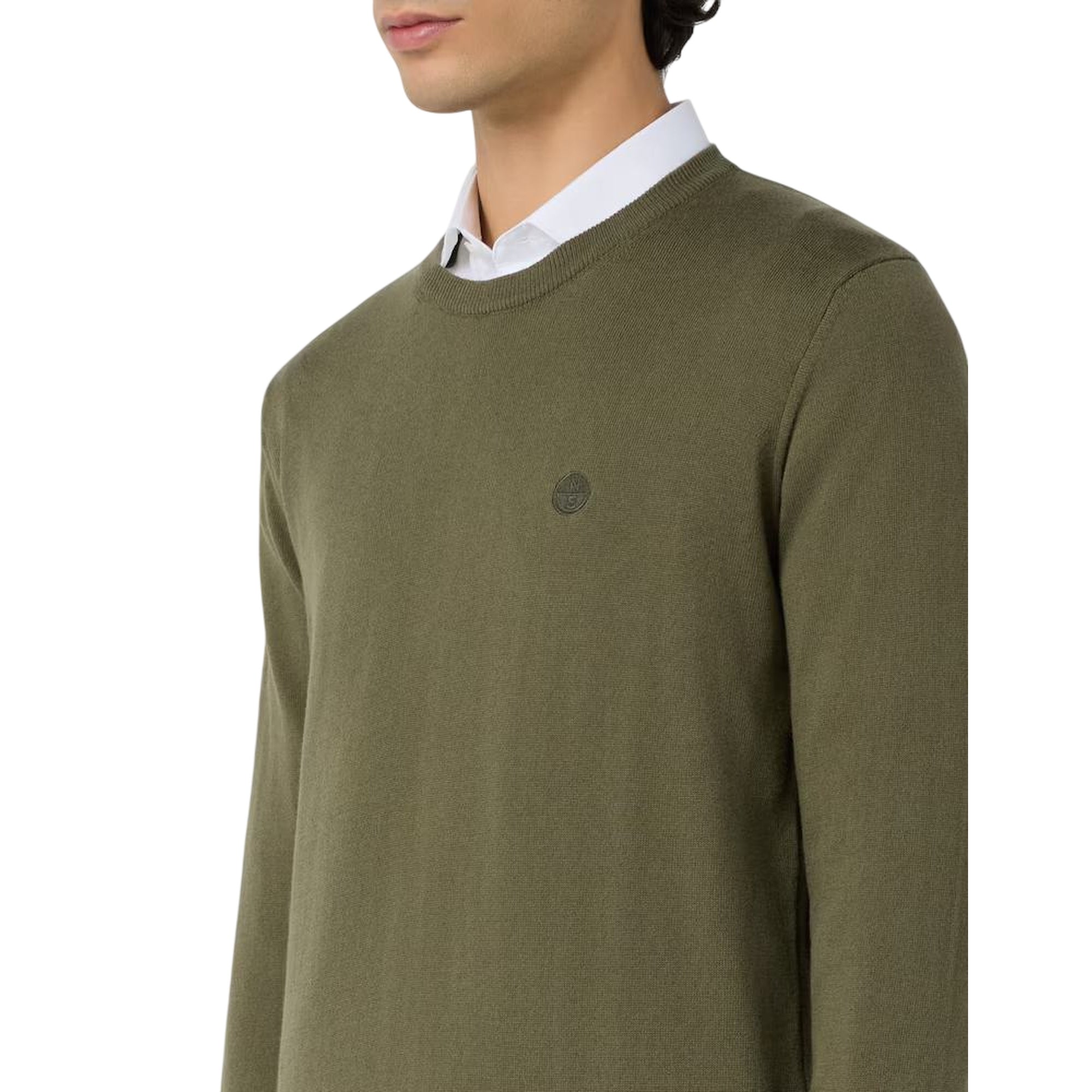 Pullover Uomo Verde in filato di lana e cotone a tinta unita, con mirco logo 