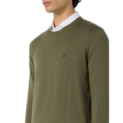 Pullover Uomo Verde in filato di lana e cotone a tinta unita, con mirco logo 