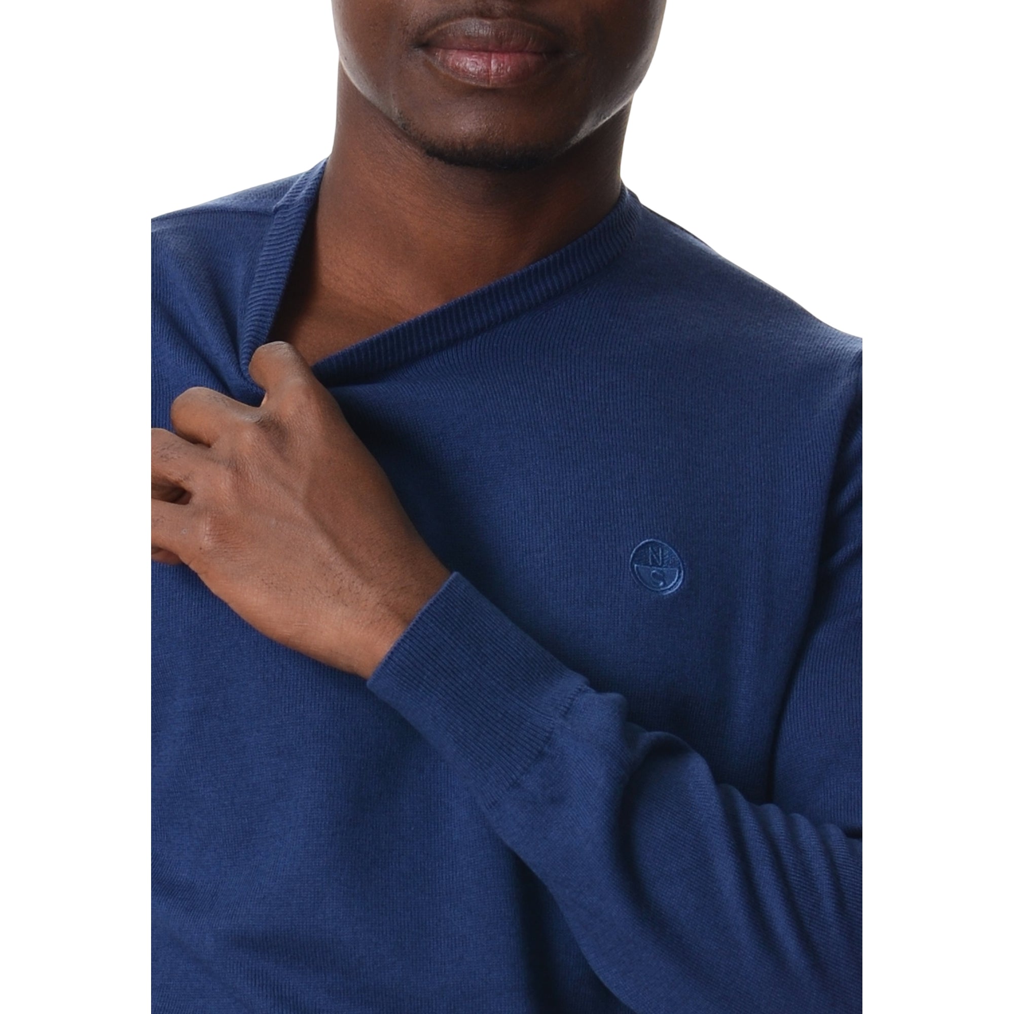 Pullover Uomo Blu in filato di lana e cotone a tinta unita, con mirco logo