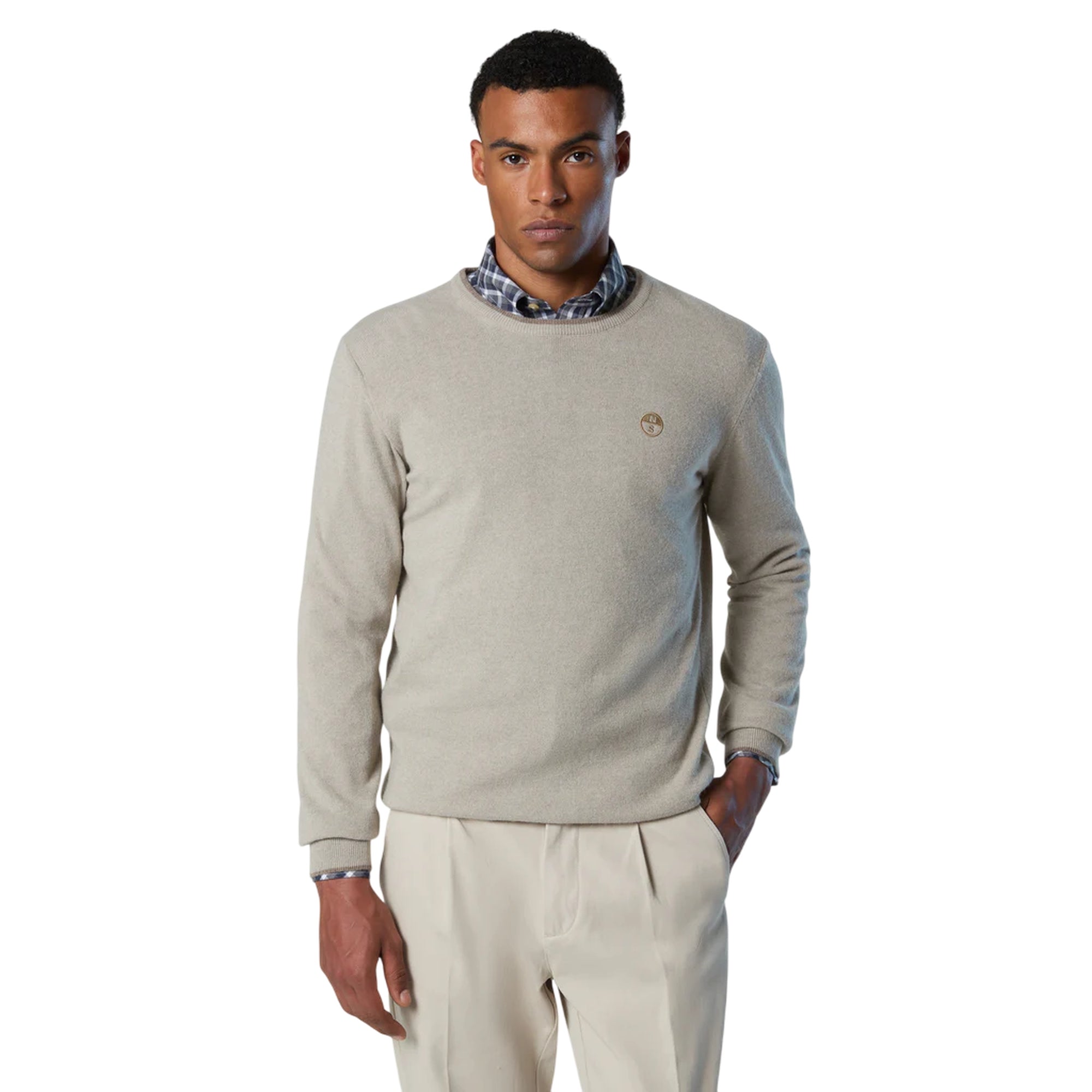 Maglione girocollo Uomo con logo ricamato Beige modello frontale