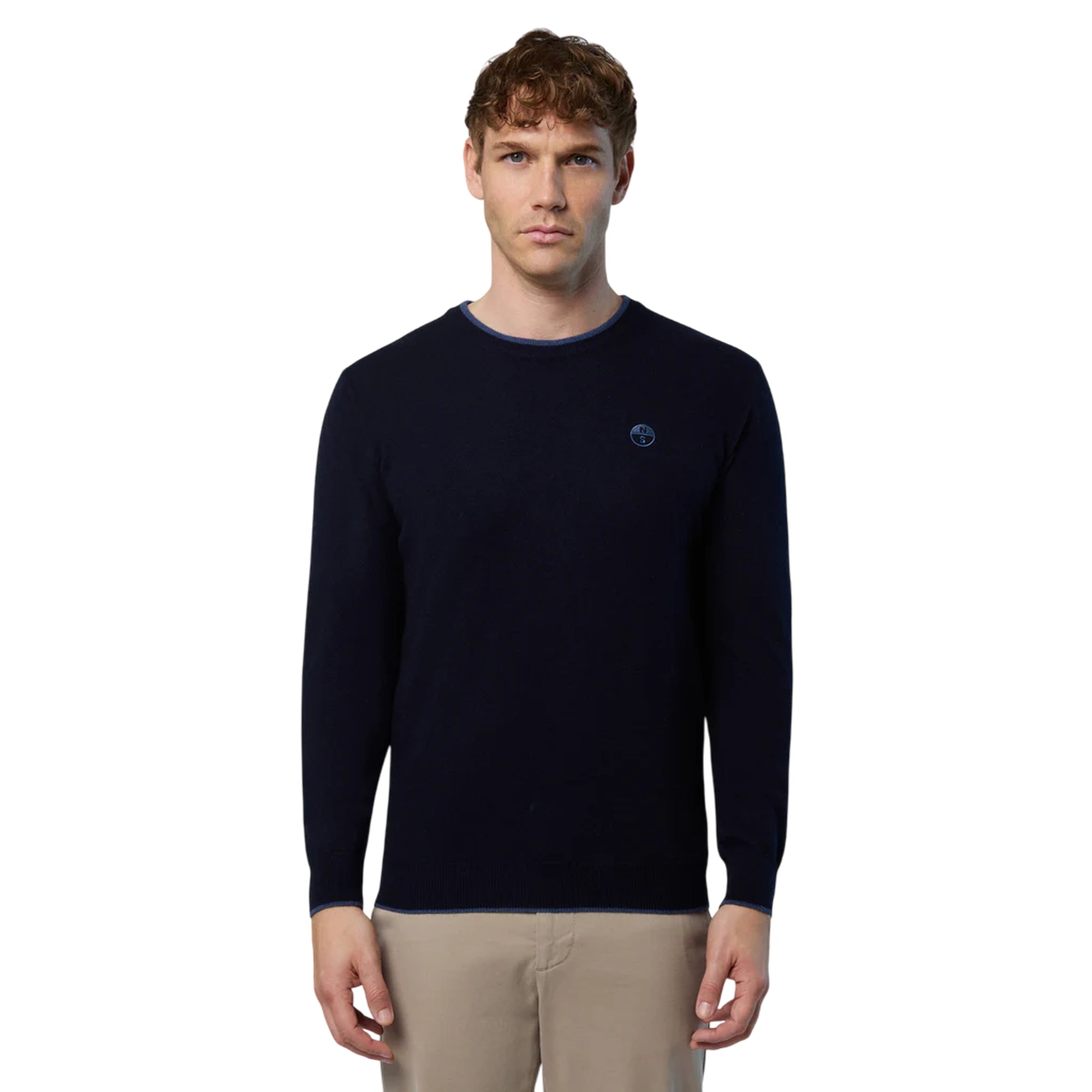 Maglione girocollo Uomo con logo ricamato Blu navy modello frontale