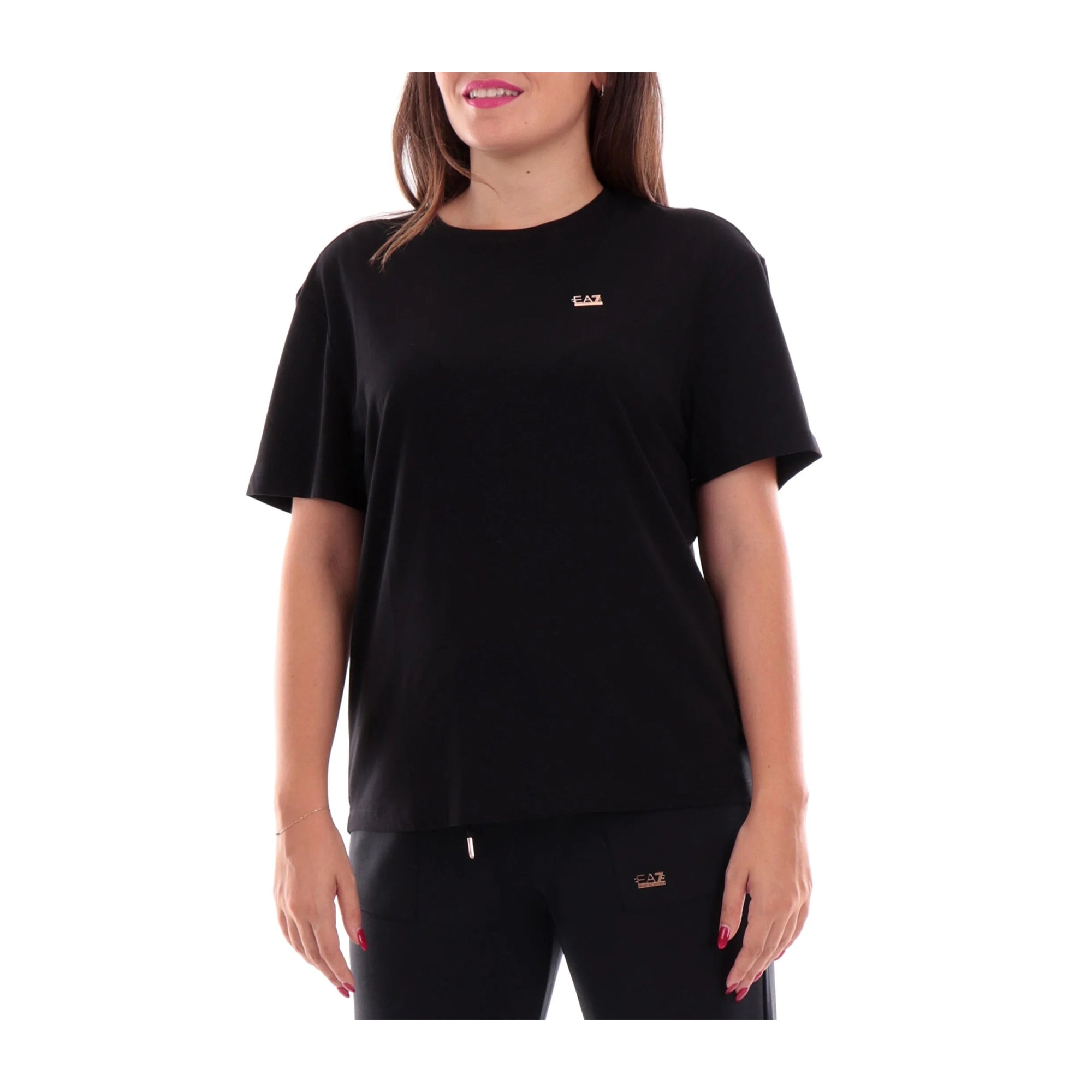 EA7 T-shirt Over Donna Nero con logo oro rosa