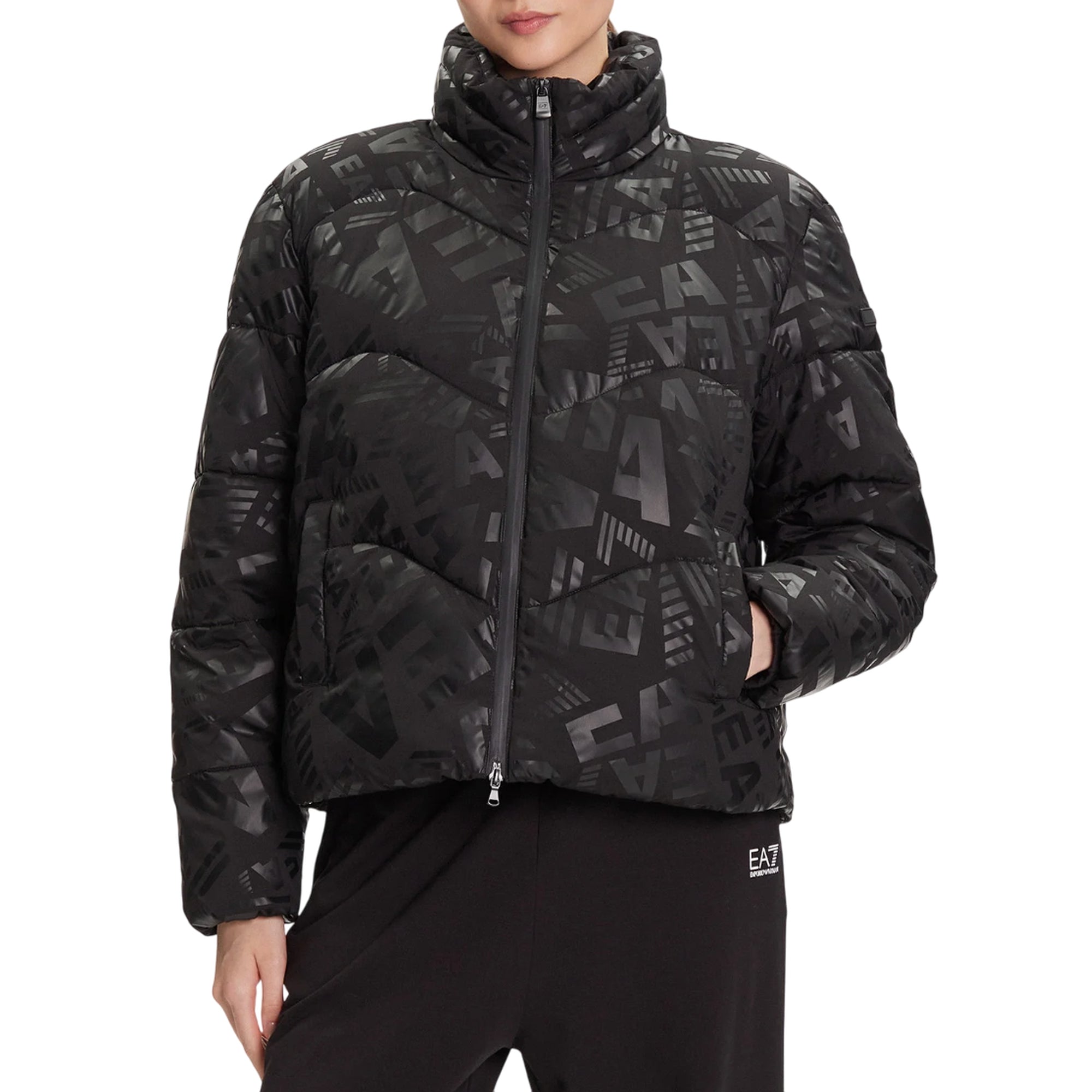 Piumino Donna modello bomber, con stampa logo all over tono su tono 