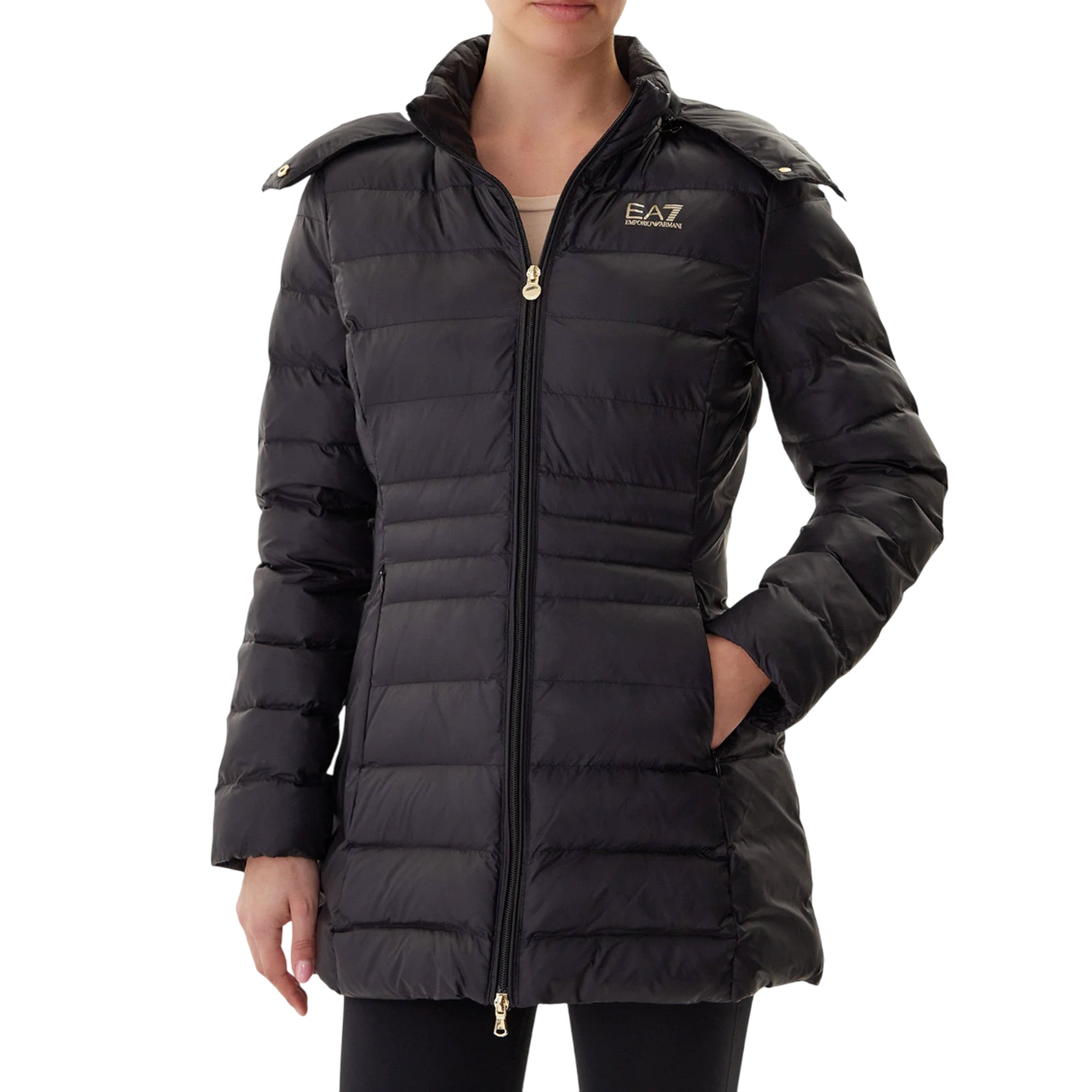 Piumino Donna con impunture a righe orizzontali e cappuccio rimovibile 