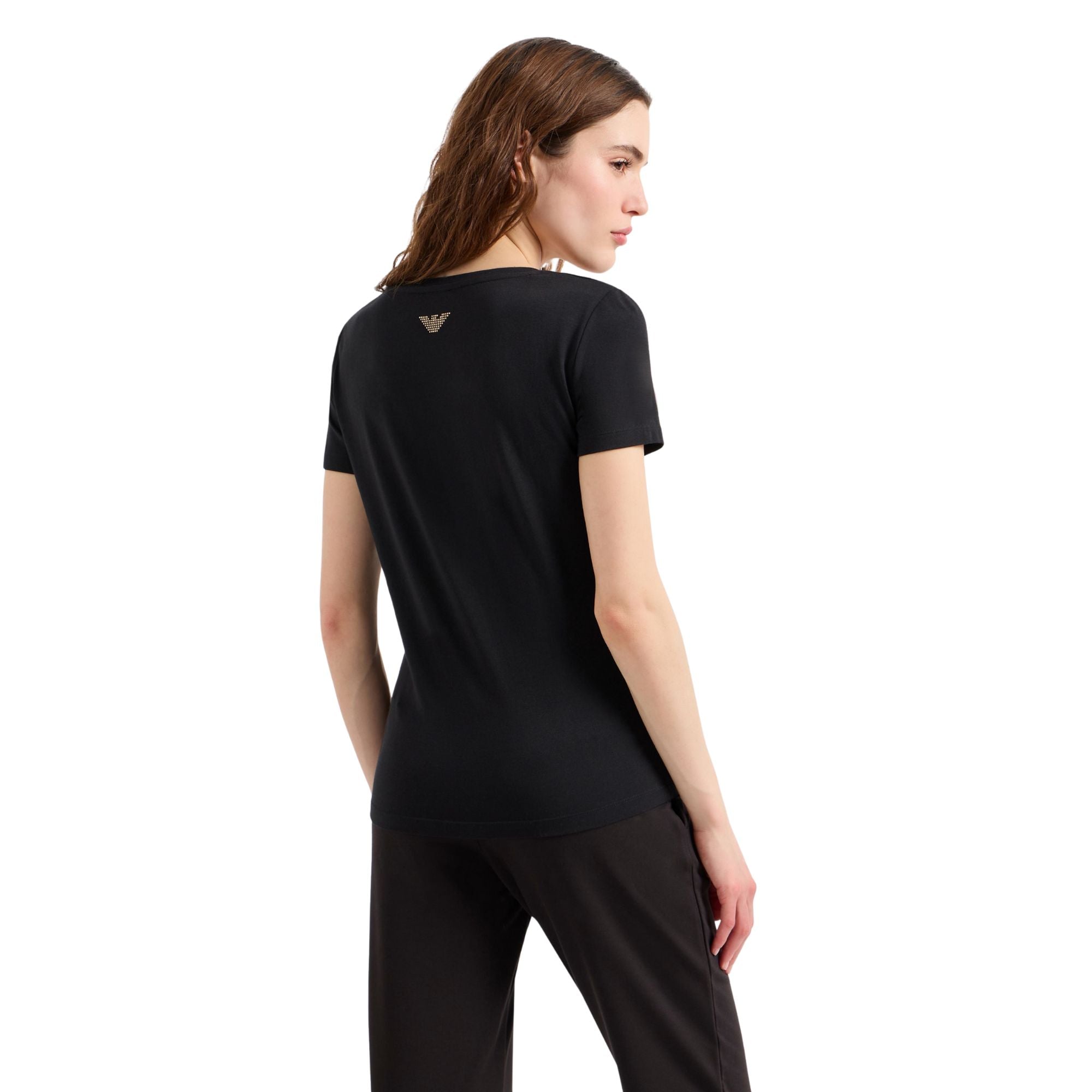T-shirt Donna in tessuto elasticizzato, con scollo tondo e logo strass 