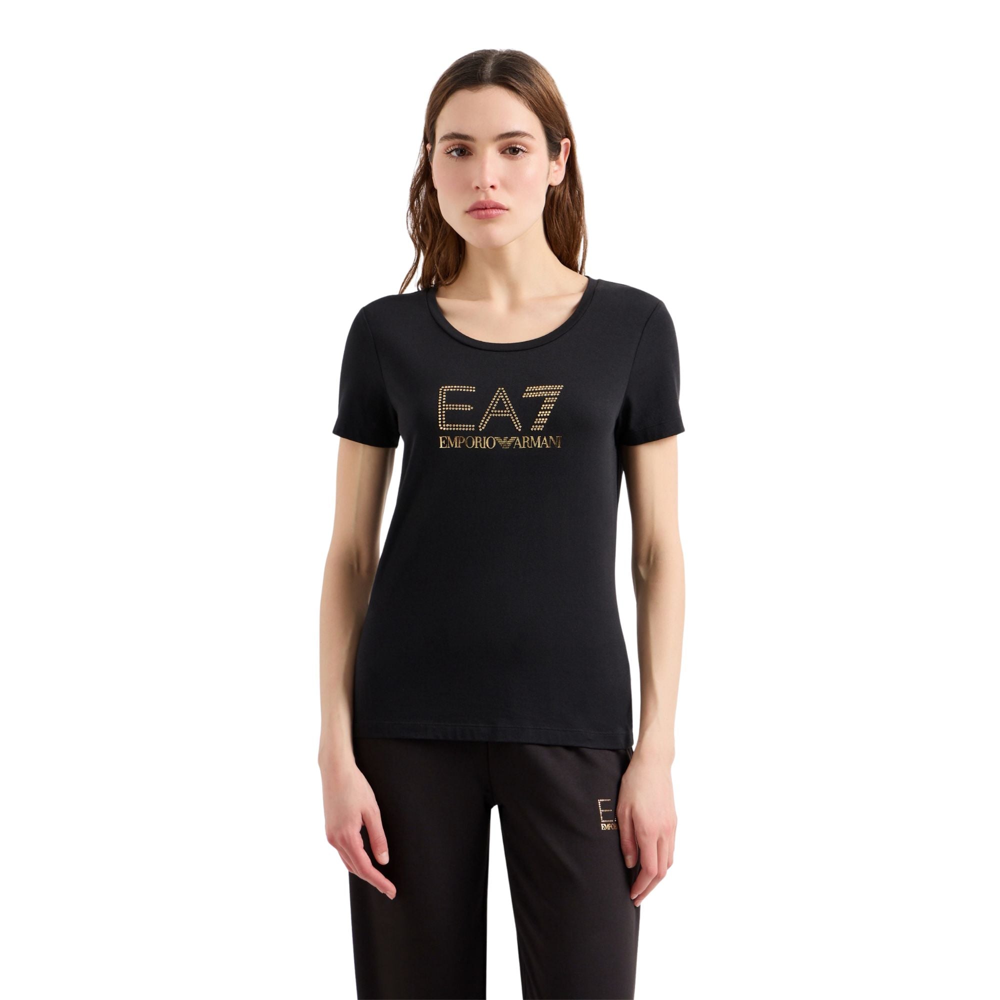 T-shirt Donna in tessuto elasticizzato, con scollo tondo e logo strass 