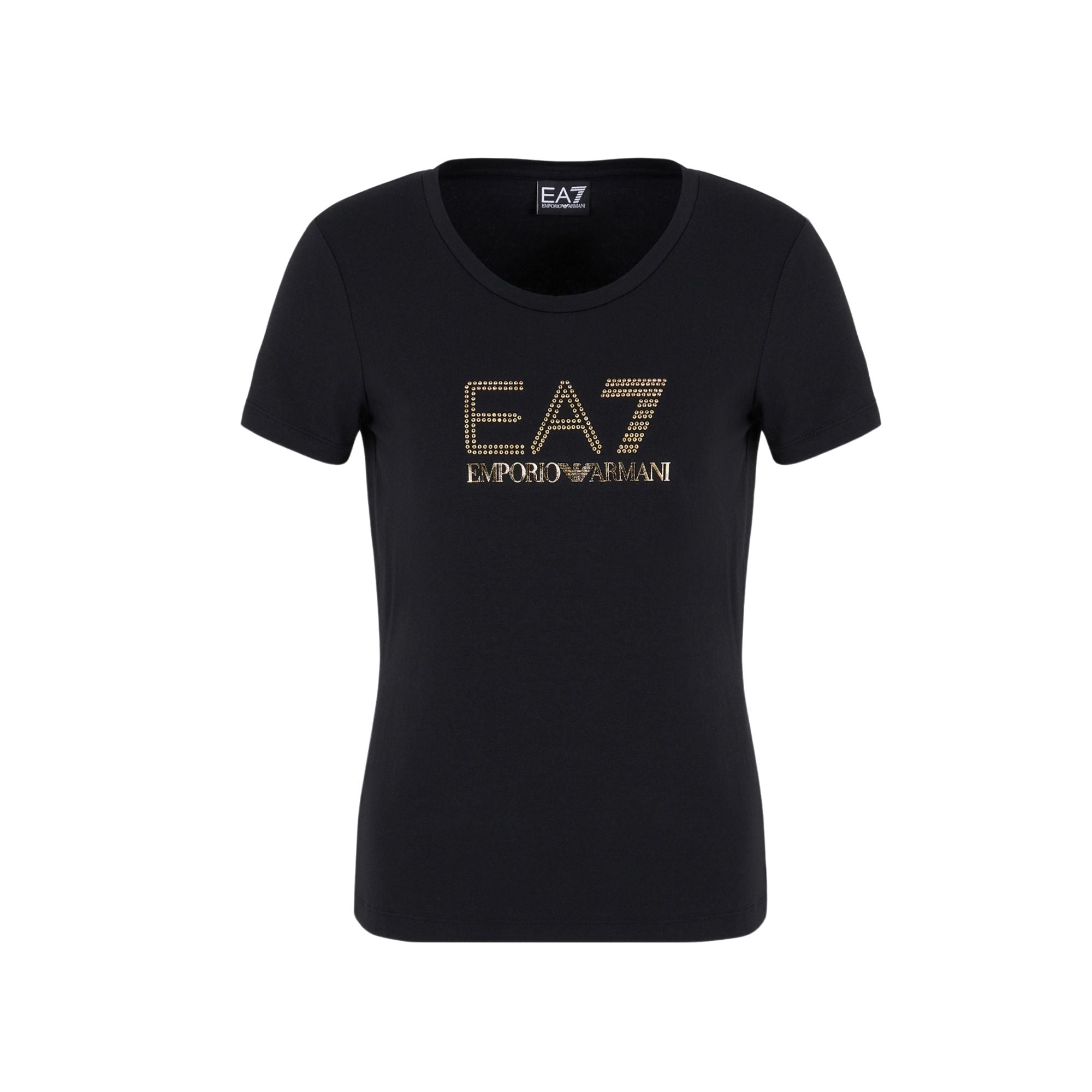 T-shirt Donna in tessuto elasticizzato, con scollo tondo e logo strass 