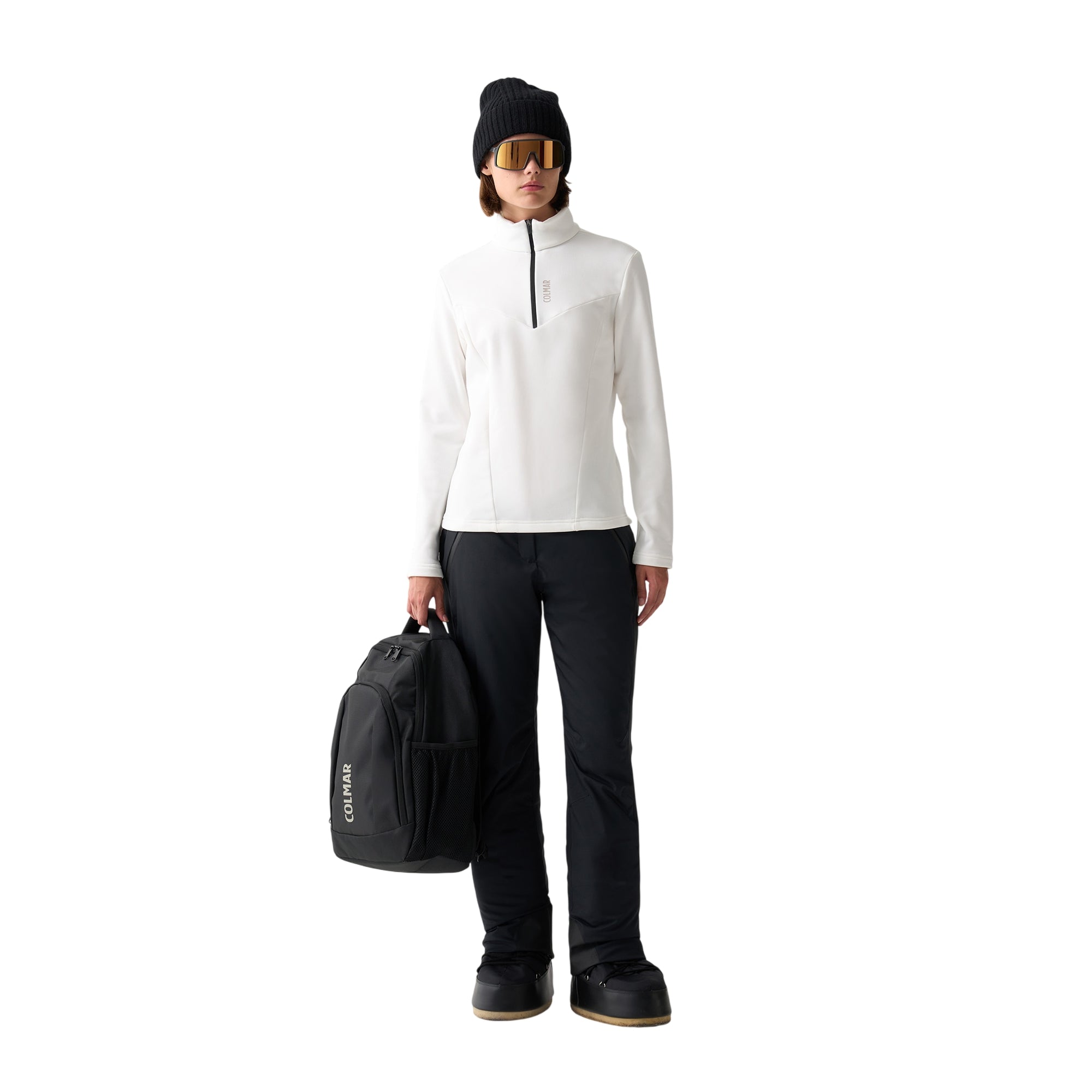 Pile da Sci Donna con zip 1/4 Bianco modella intera frontale