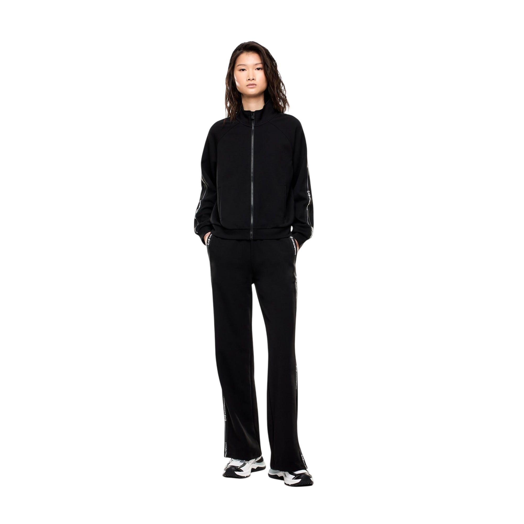 Tuta Donna Nera, con pantalone ampio e dettaglio logo tape a contrasto 