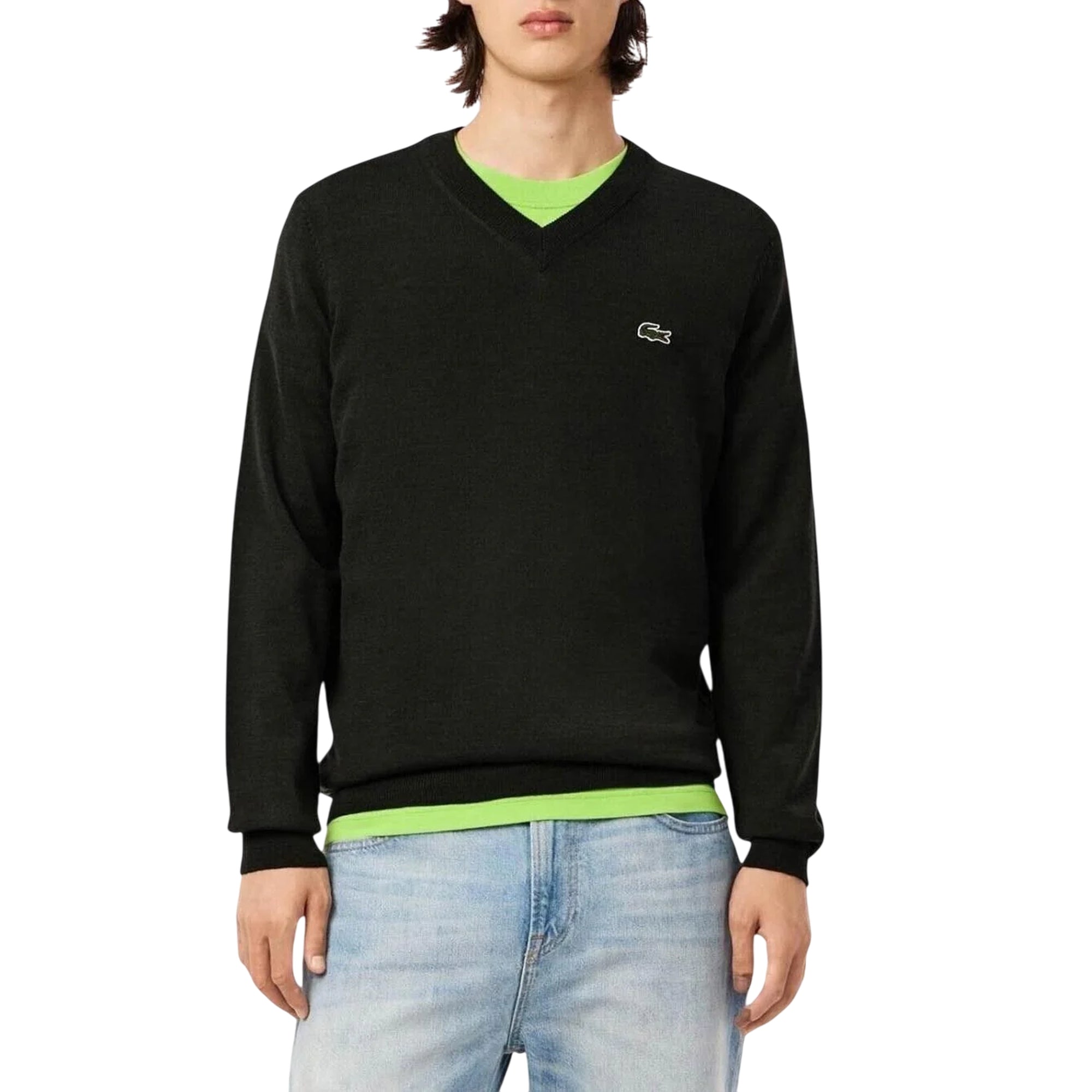 Pullover Uomo Verde Scuro in lana, dal design classico, con scollatura a V 